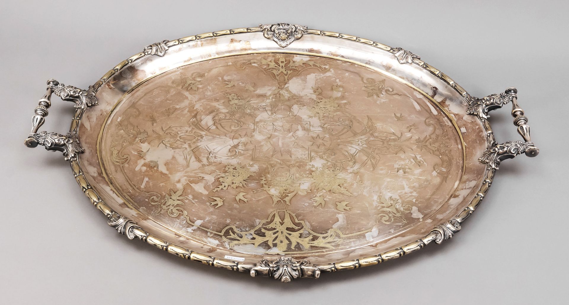 Null Large oval historism tray, late 19th c., plated, slightly moulded shape, mi&hellip;