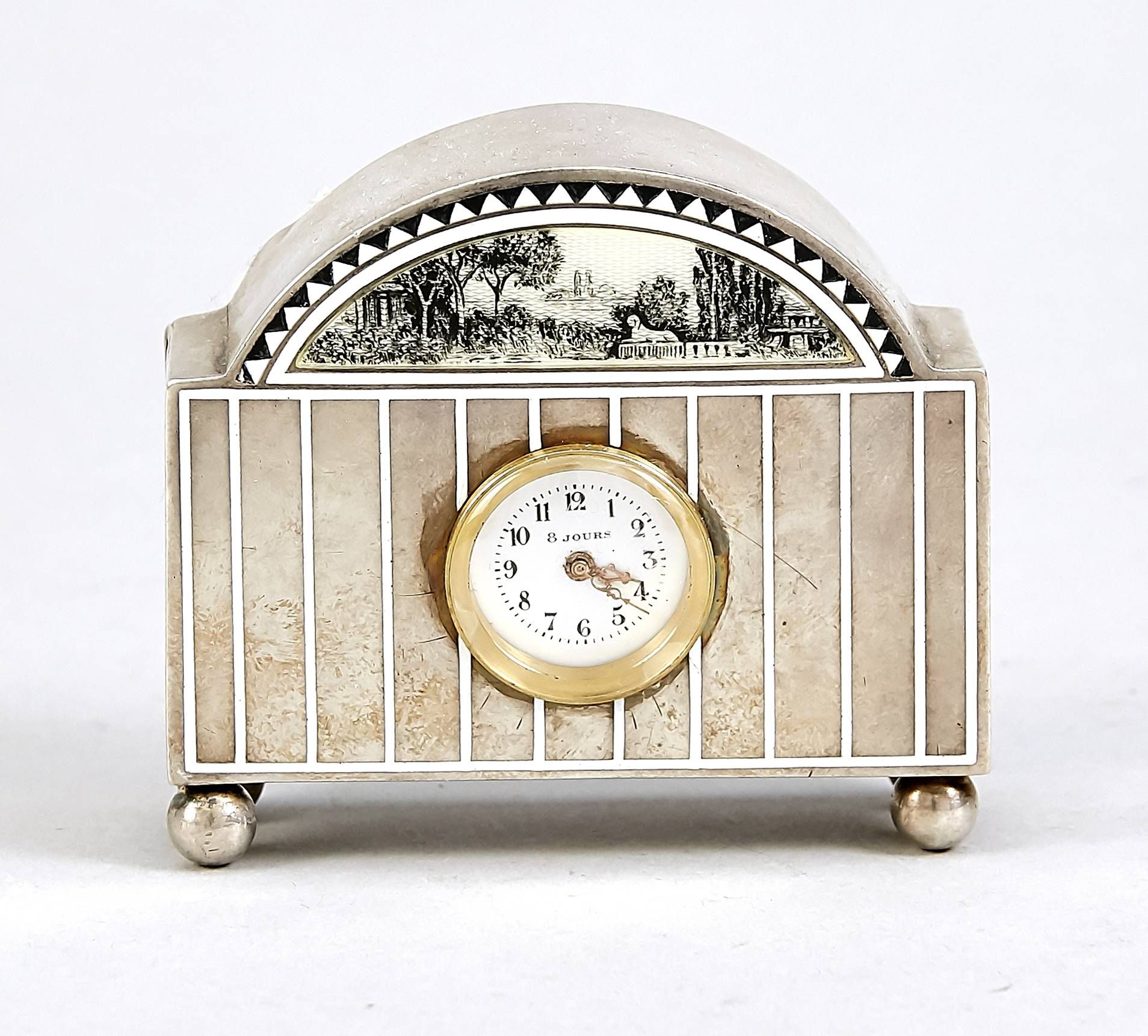 Null Petite horloge de table, 20e s., argent testé, sur 4 pieds sphériques (1x c&hellip;
