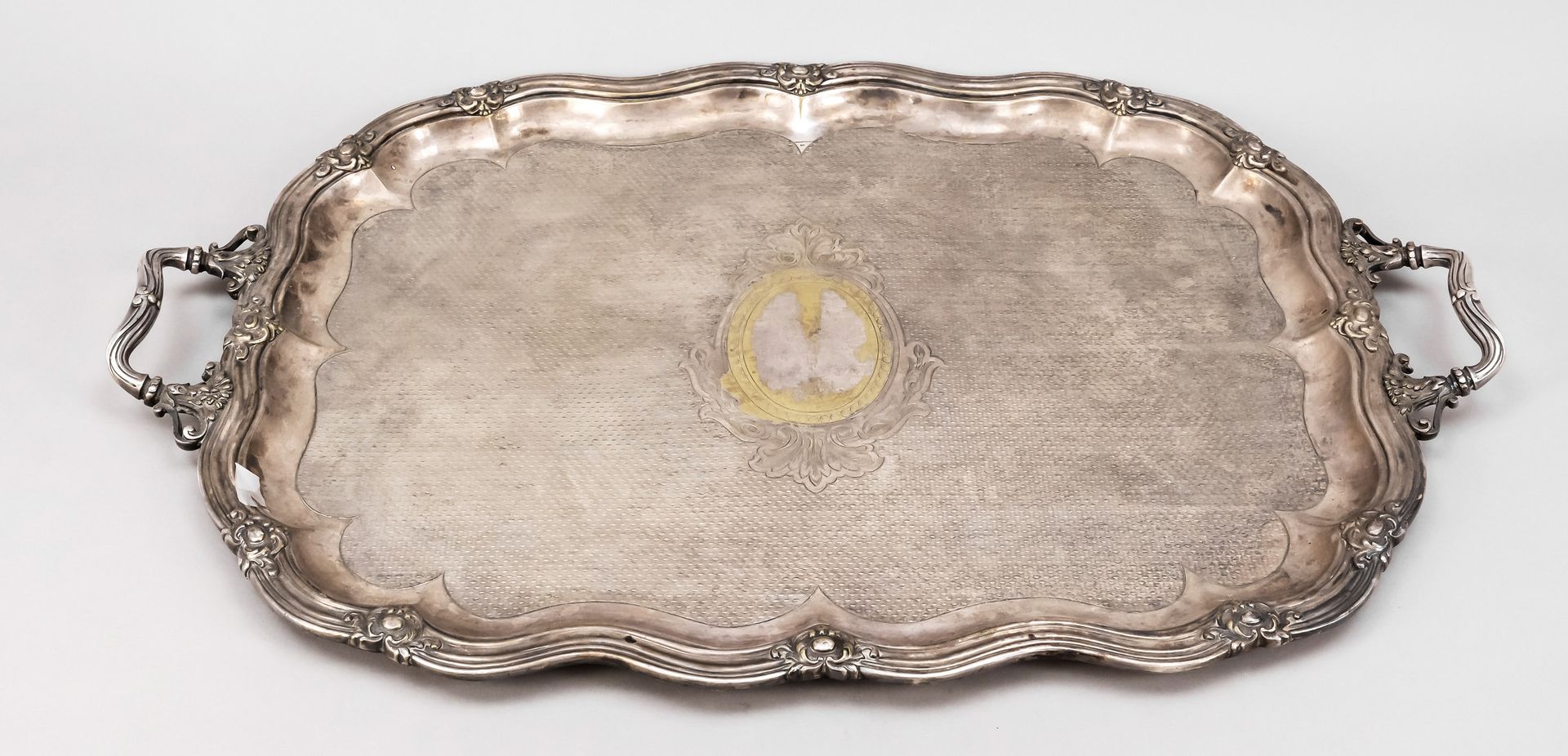 Null Large rectangular tray, c. 1900, plated, matching curved form, mirror with &hellip;