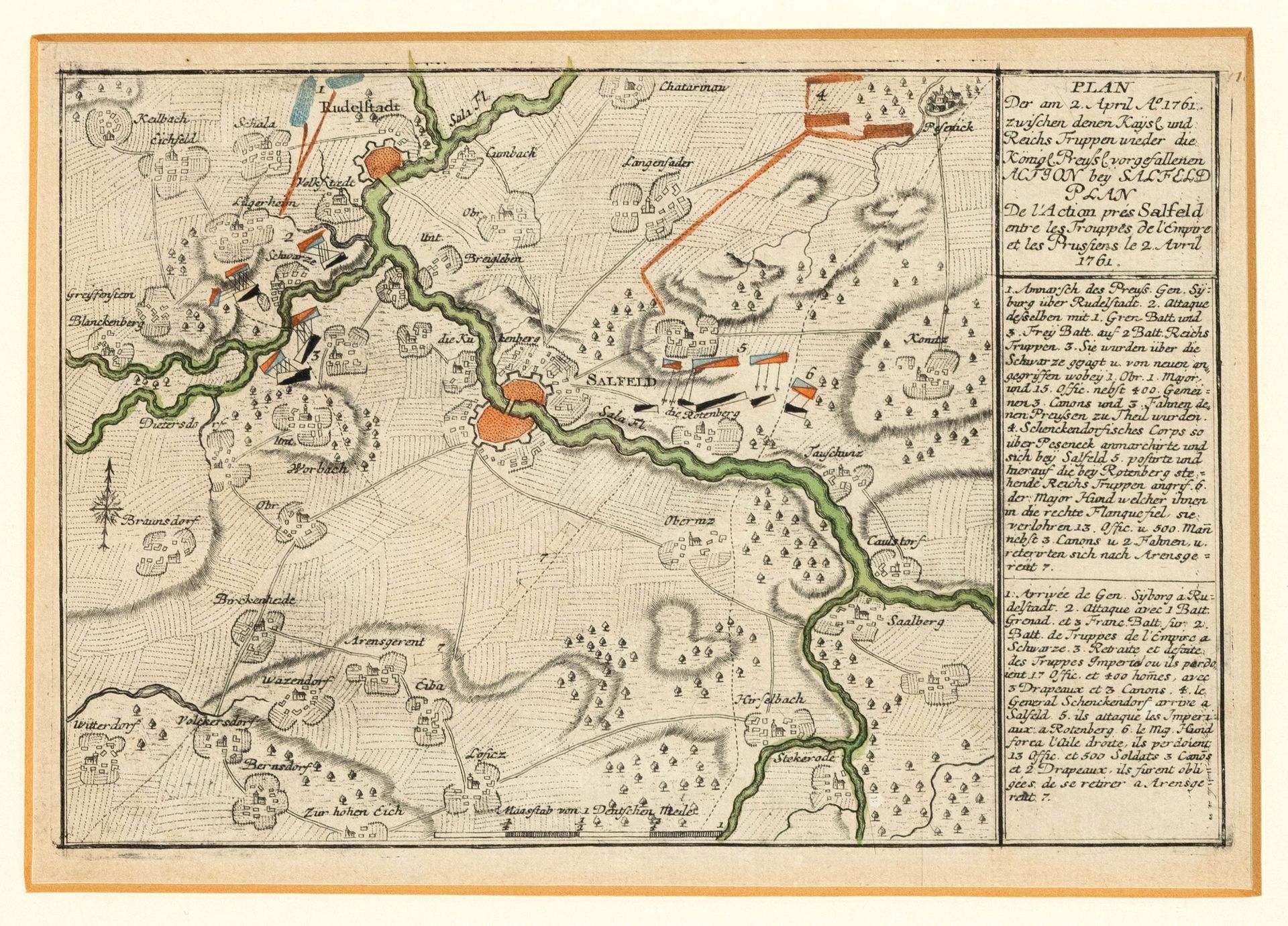 Null 七年战争中的三幅军事阵地图，18世纪，萨尔费尔德战役、霍赫基尔希战役和科林战役，部分彩色铜版画，约18 x 27厘米，玻璃后装裱，可通透至31 x 3&hellip;