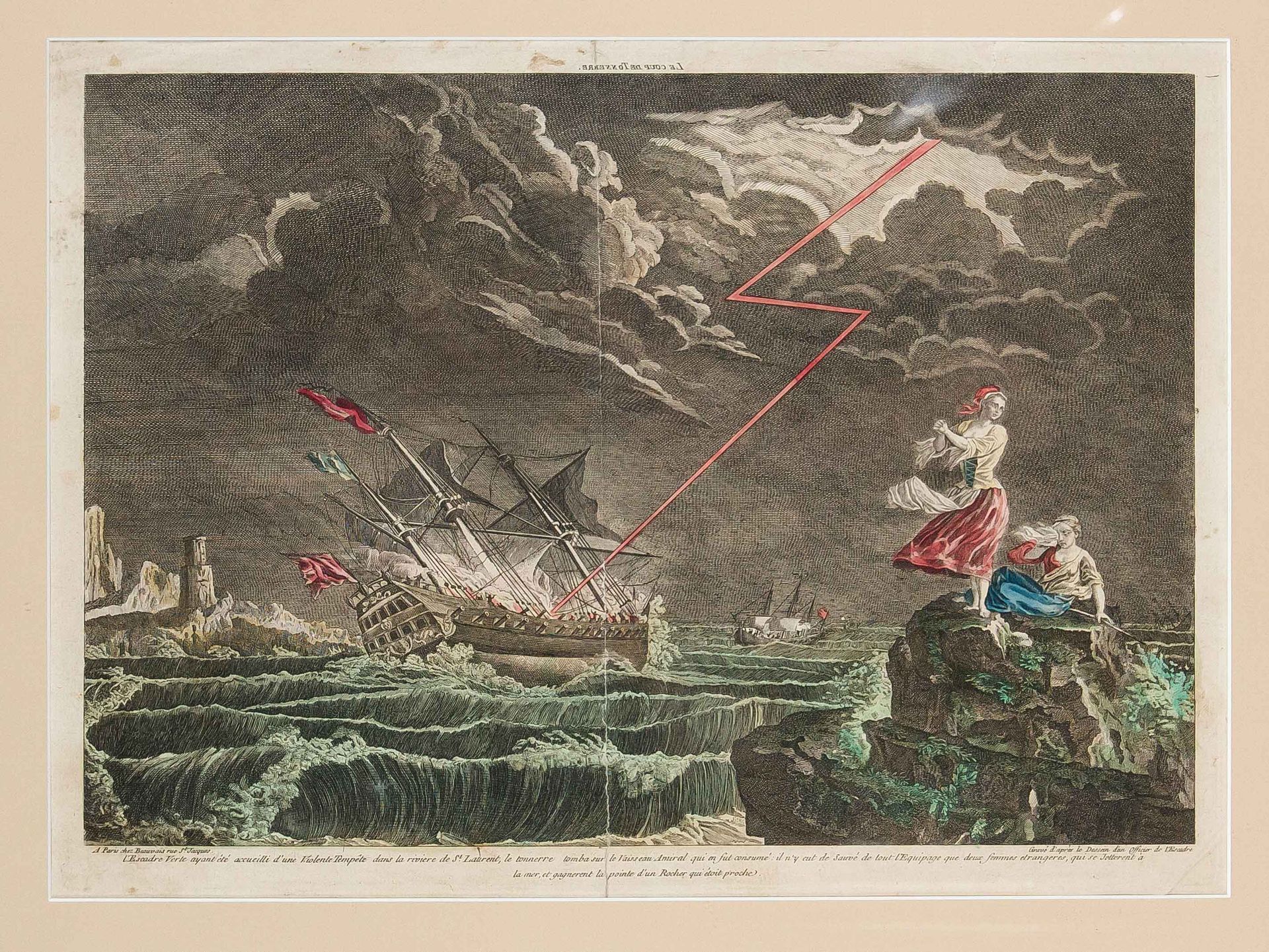 Null Guckkastenblatt um 1780, großes Kriegsschiff von einem Blitz getroffen. Kol&hellip;