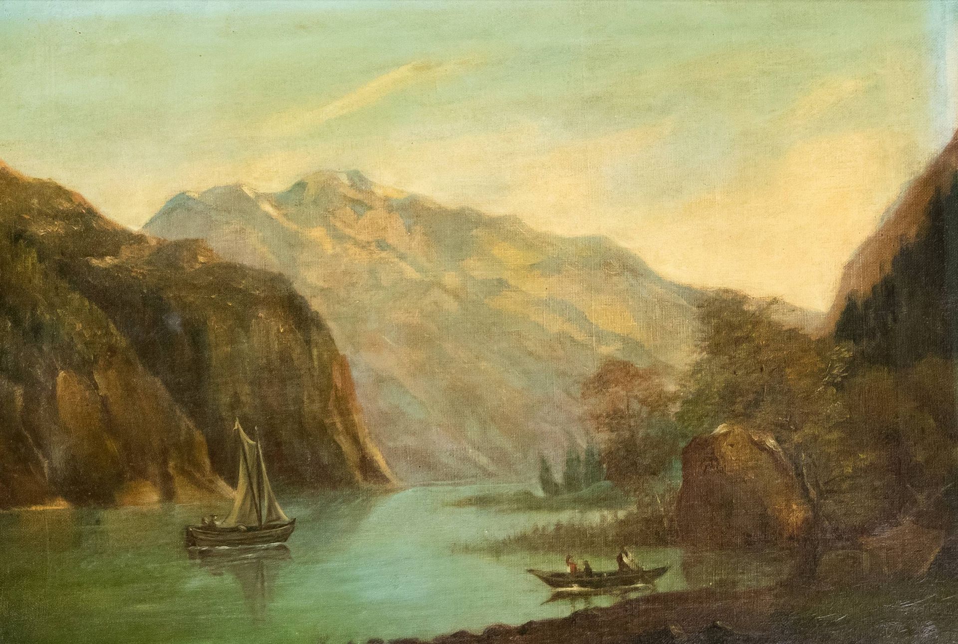 Null Peintre paysagiste anonyme fin 19e siècle, lac de montagne avec pêcheurs, h&hellip;