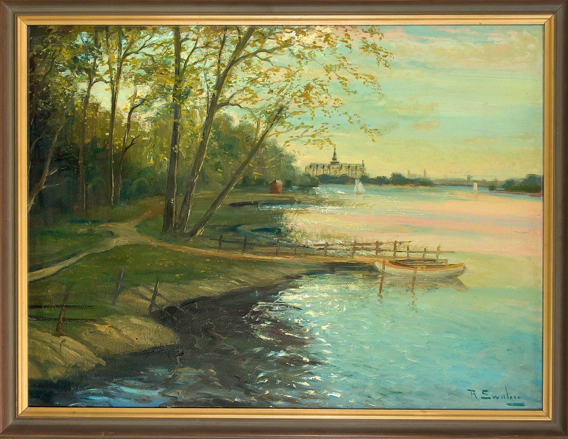 Null 拉格纳-斯瓦恩（1882-1964），瑞典风景画家。傍晚时分湖对面的城堡，硬纸板上的油画，右下角有签名，60 x 84厘米，有框架的71 x 94厘米&hellip;