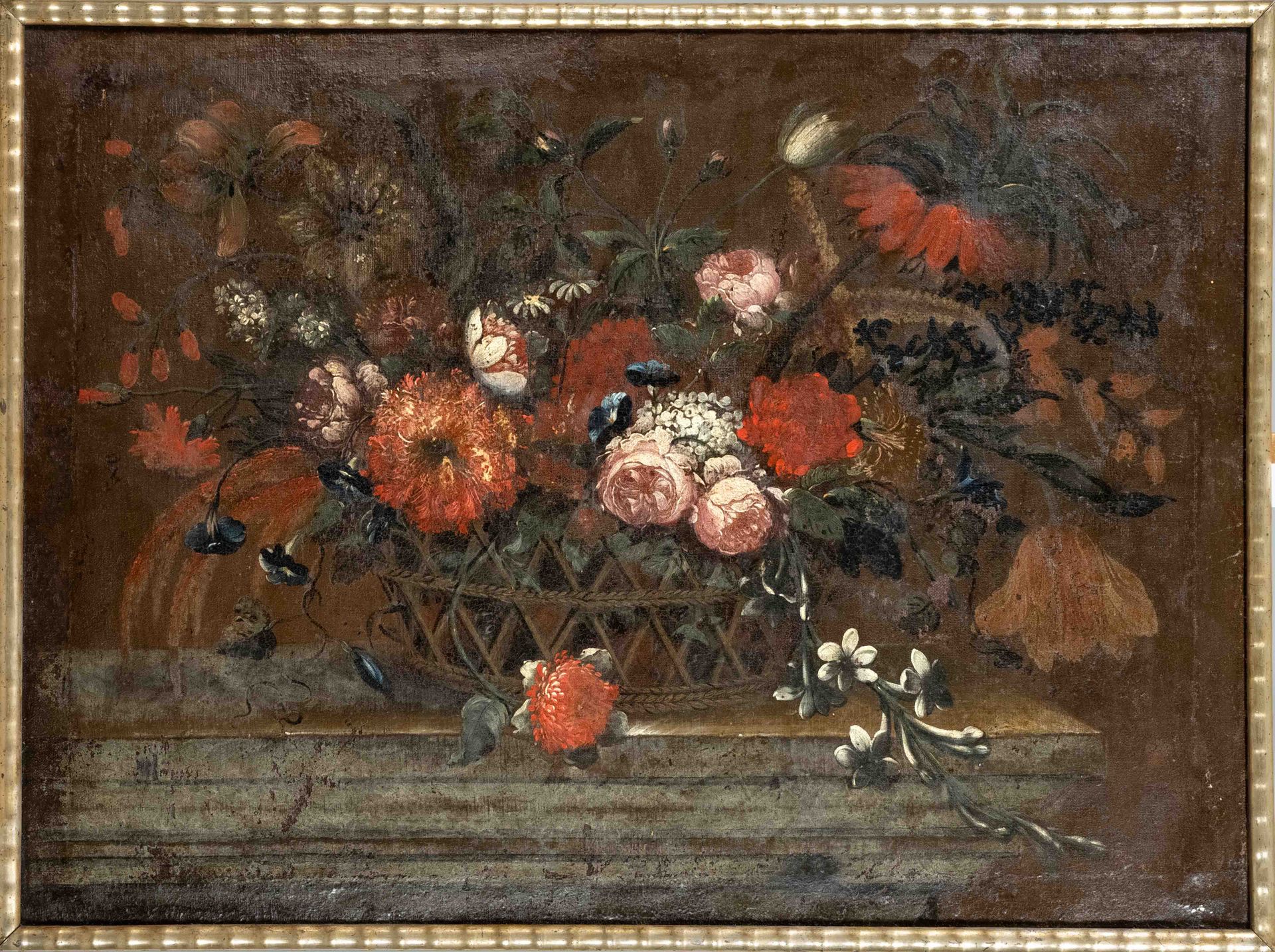 Null 17世纪弗拉芒花卉画家，石檐上的繁茂花篮，布面油画，无签名，严重擦伤和修饰，多处缺失，修复后状况良好，72 x 100厘米，框架75 x 103厘米