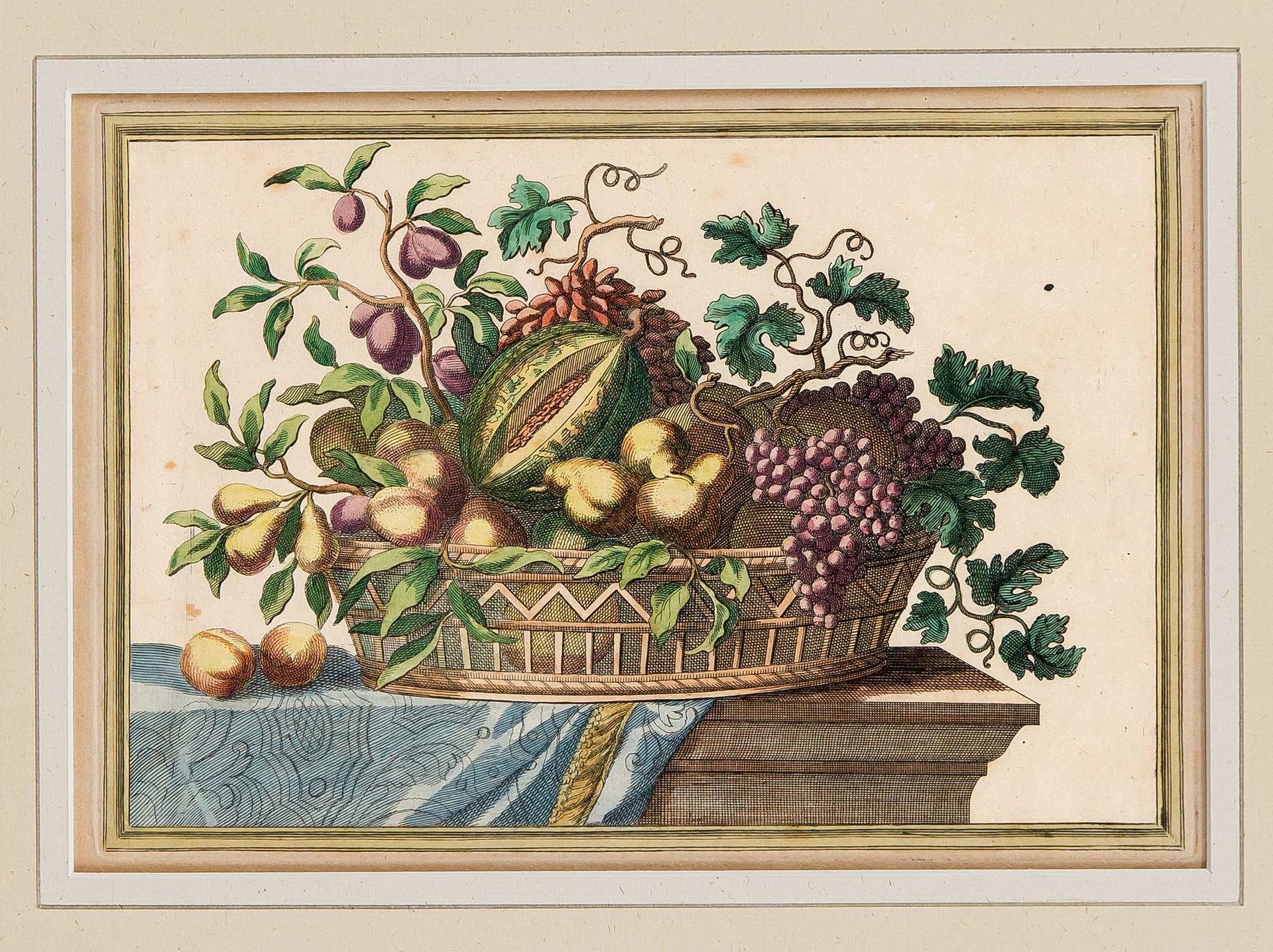 Null 两幅17/18世纪Jean-Baptiste Monnoyer（1636-1699）风格的植物描写，郁郁葱葱的水果篮放在有蓝色桌布的桌子上，水彩蚀刻画&hellip;