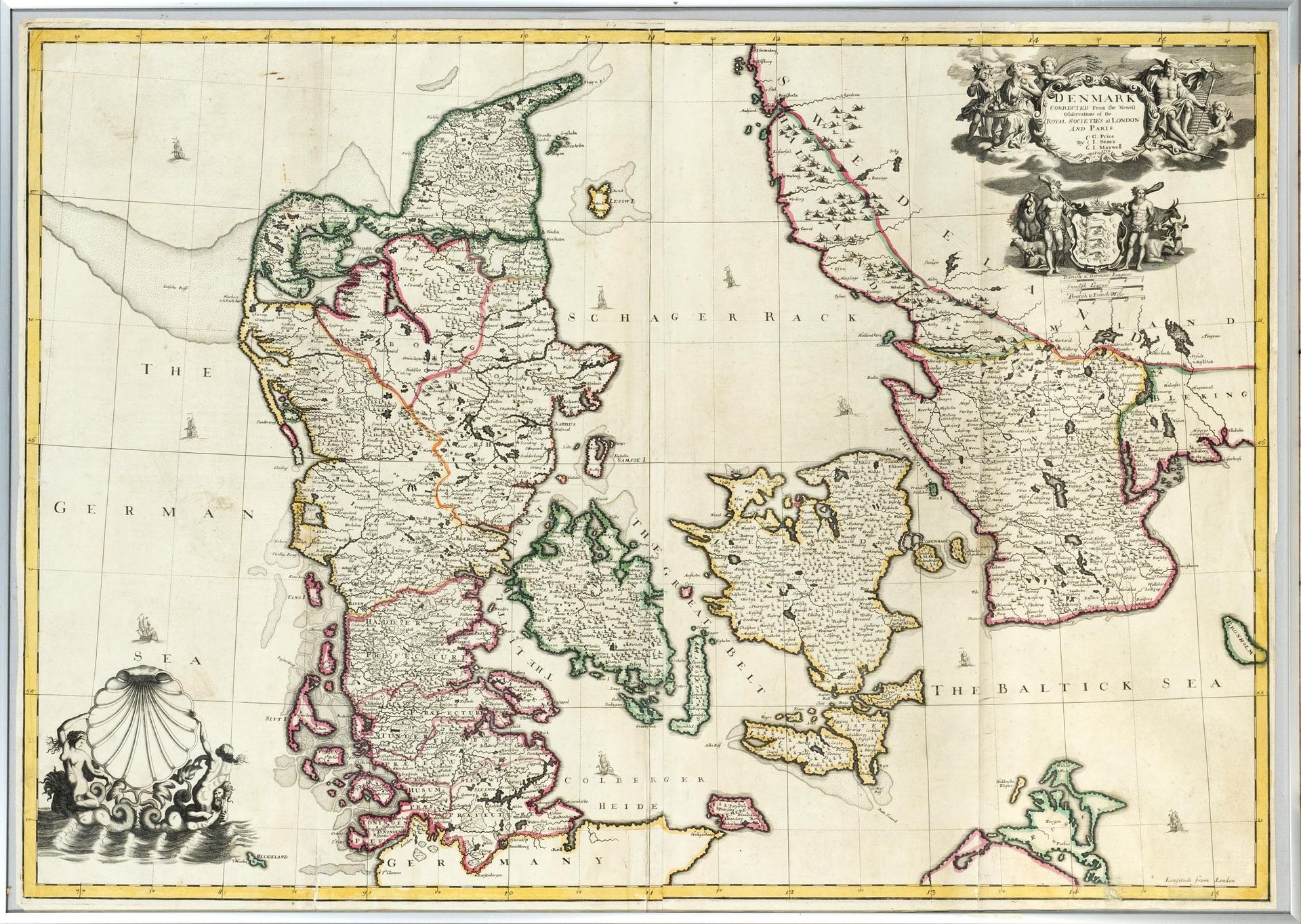 Null 丹麦历史地图--"'丹麦根据皇家学会的最新观察结果进行了修正......'。Senex约在1710年绘制的边框彩色铜雕地图。约1710年由Senex绘&hellip;
