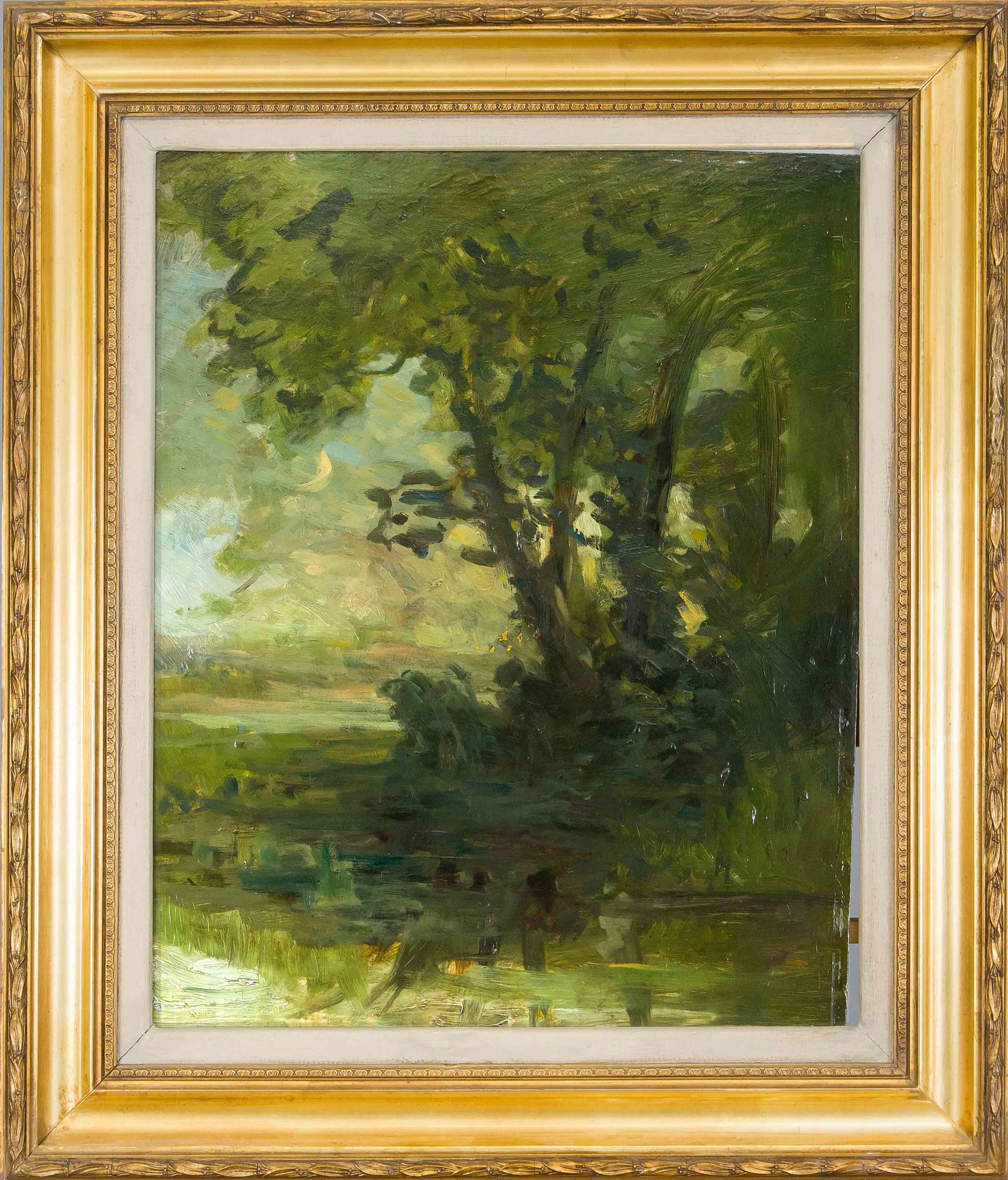 Null Impressionniste non identifié vers 1900, paysage de marais le matin, huile &hellip;
