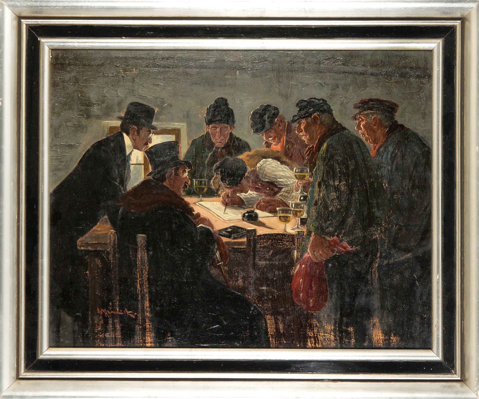 Null 不明身份的画家，约1900年，"在公证处"，一群拿着酒杯的工人正对着两位衣着优雅的先生，而其中一位工人正准备写一封信。夹板上的油画，左下角有模糊的签名&hellip;