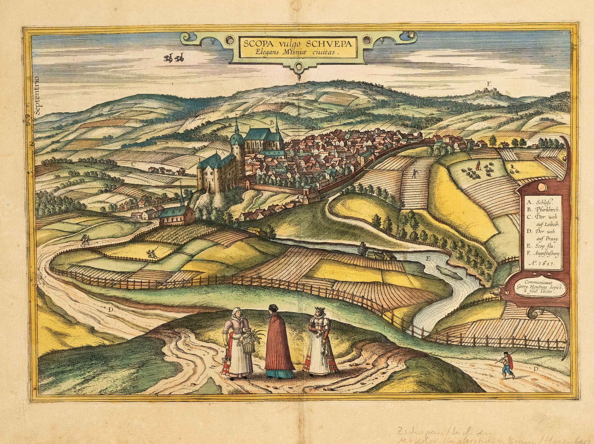 Null View of Zschopau in Saxony, col. Woodcut from Braun u. Hogenberg ''Civitate&hellip;