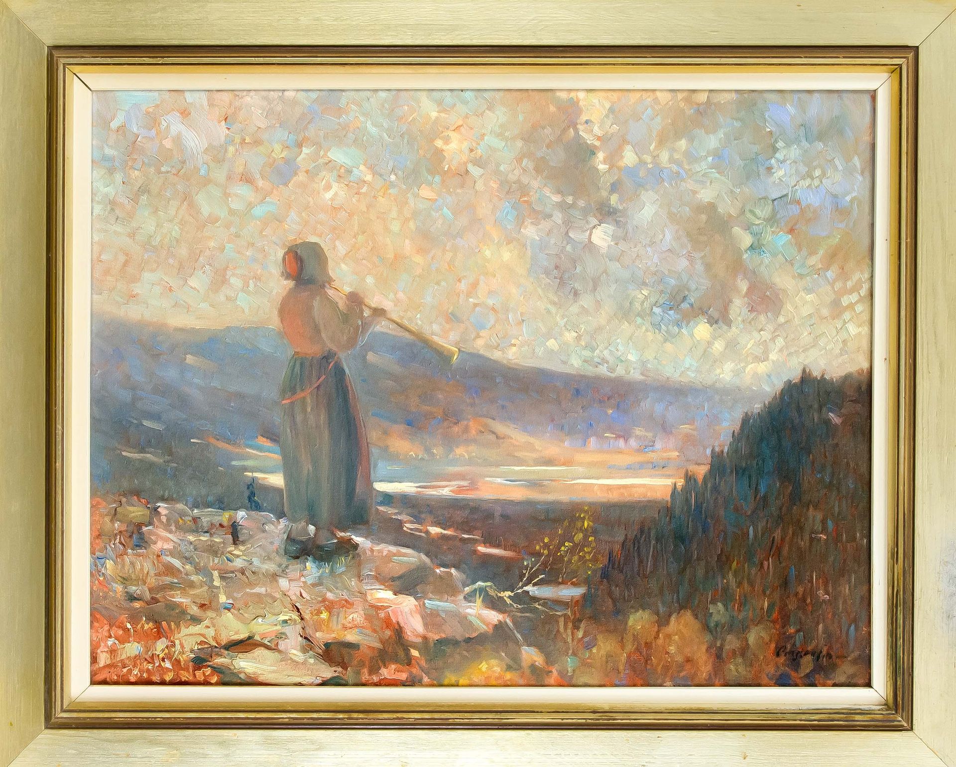 Null Ivan Costantin Johansson（1887-1946），瑞典画家，曾在斯德哥尔摩学院学习。初春时节，一个女孩在群岛上吹笛子的景象，布面&hellip;