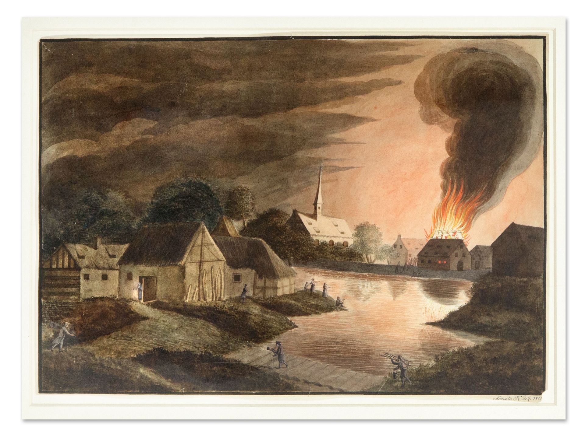 Null K.奥古斯塔，风景和风俗画家，约1800年，池塘边的村庄与燃烧的房子的景色，1800年，水粉和水彩画在纸上，用白色增高，在画面外的右下方签署并注明 "&hellip;