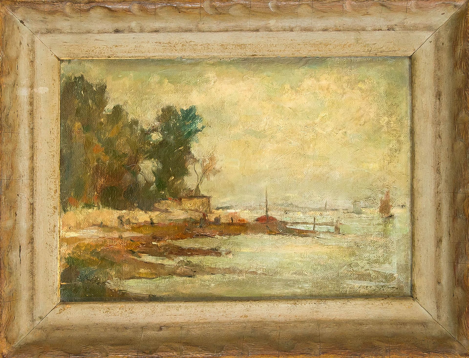 Null Albert Feser (1901-1993) (attrib.), impressionistic waterfront, oil on card&hellip;