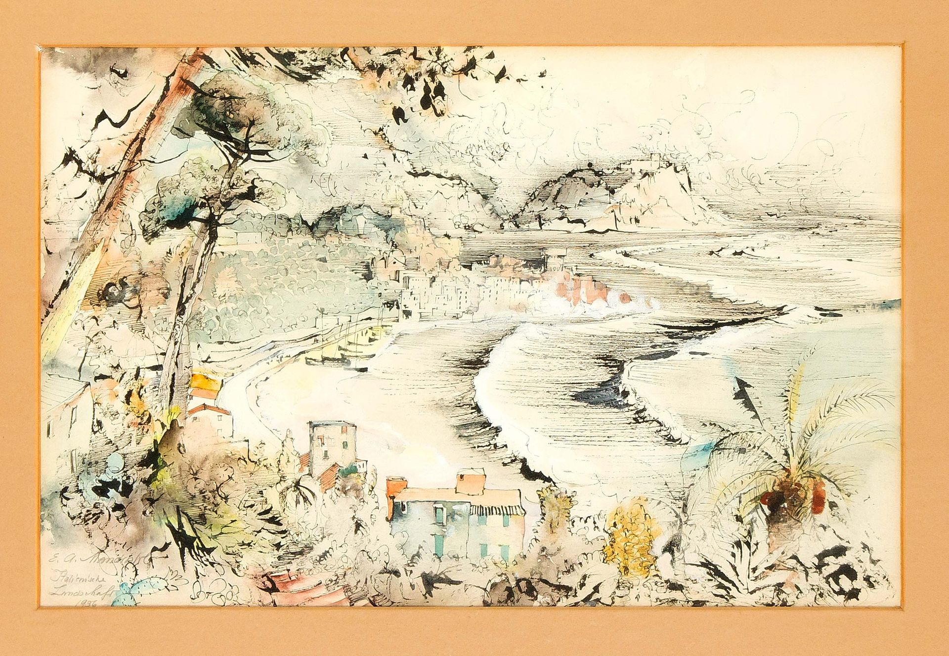 Null 不明身份的艺术家，20世纪上半叶，"意大利风景"，纸上水彩笔墨画，右下角有模糊的签名和标题，日期为（19）36，30 x 46厘米，玻璃后面的框架和p&hellip;