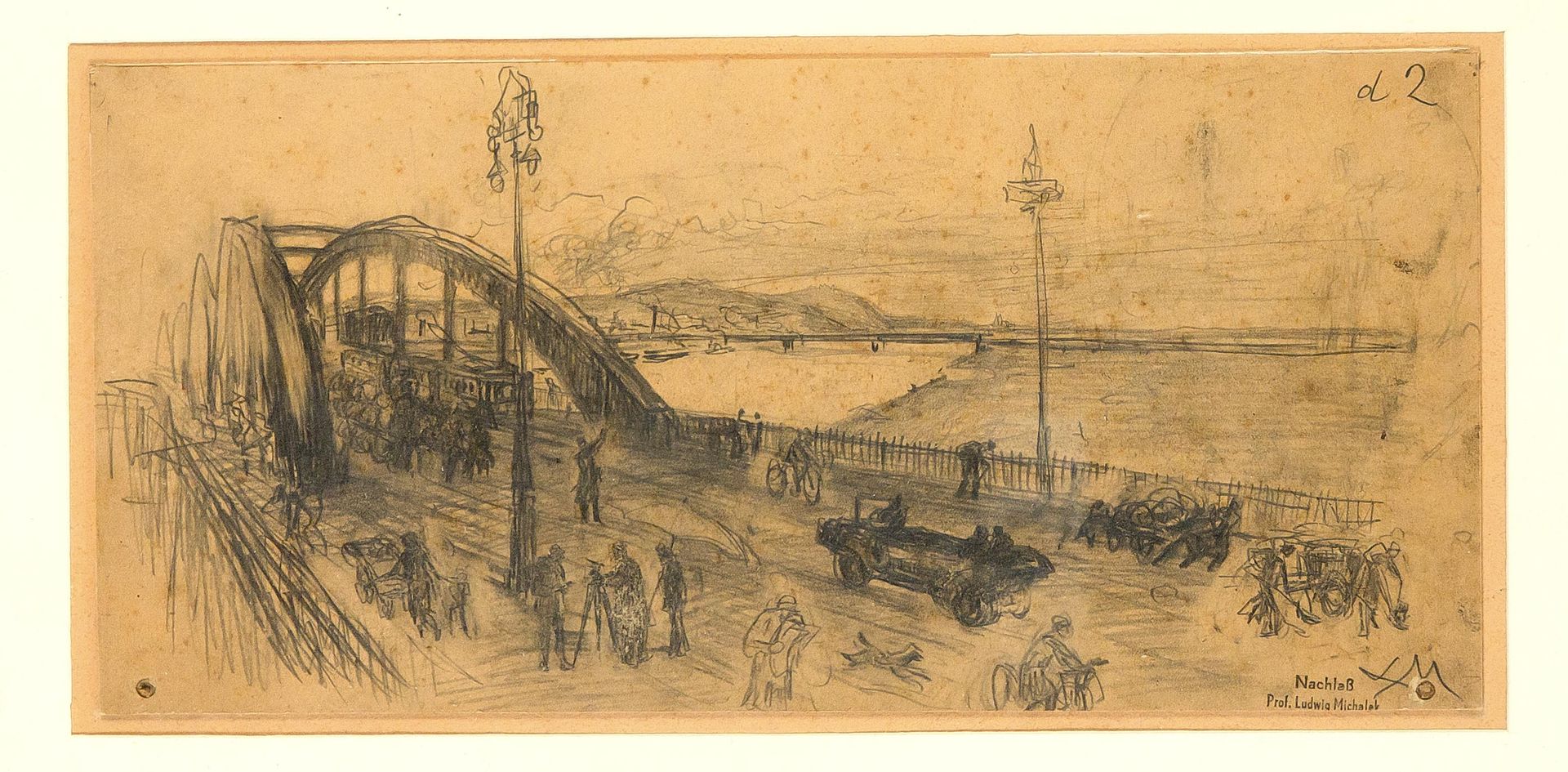 Null 路德维希-米哈莱克（1859-1942），奥地利画家。维也纳的弗洛里多夫桥，纸板上的铅笔画，右下角有图案和遗产印章，下角有孔，有污渍，17.5 x 3&hellip;