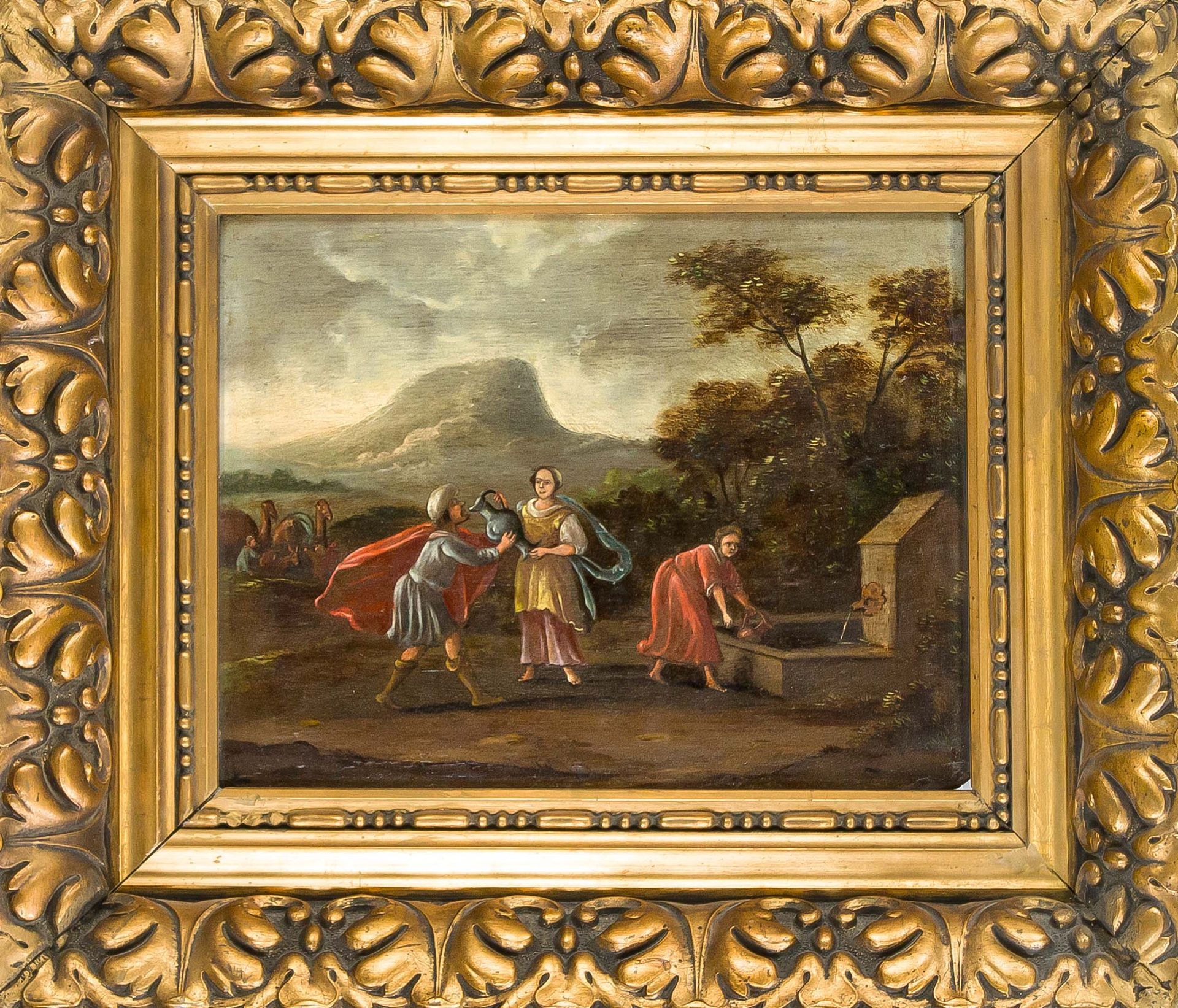 Null Flämischer Maler um 1700, Rebekka und Elieser am Brunnen, Öl auf Holztafel,&hellip;