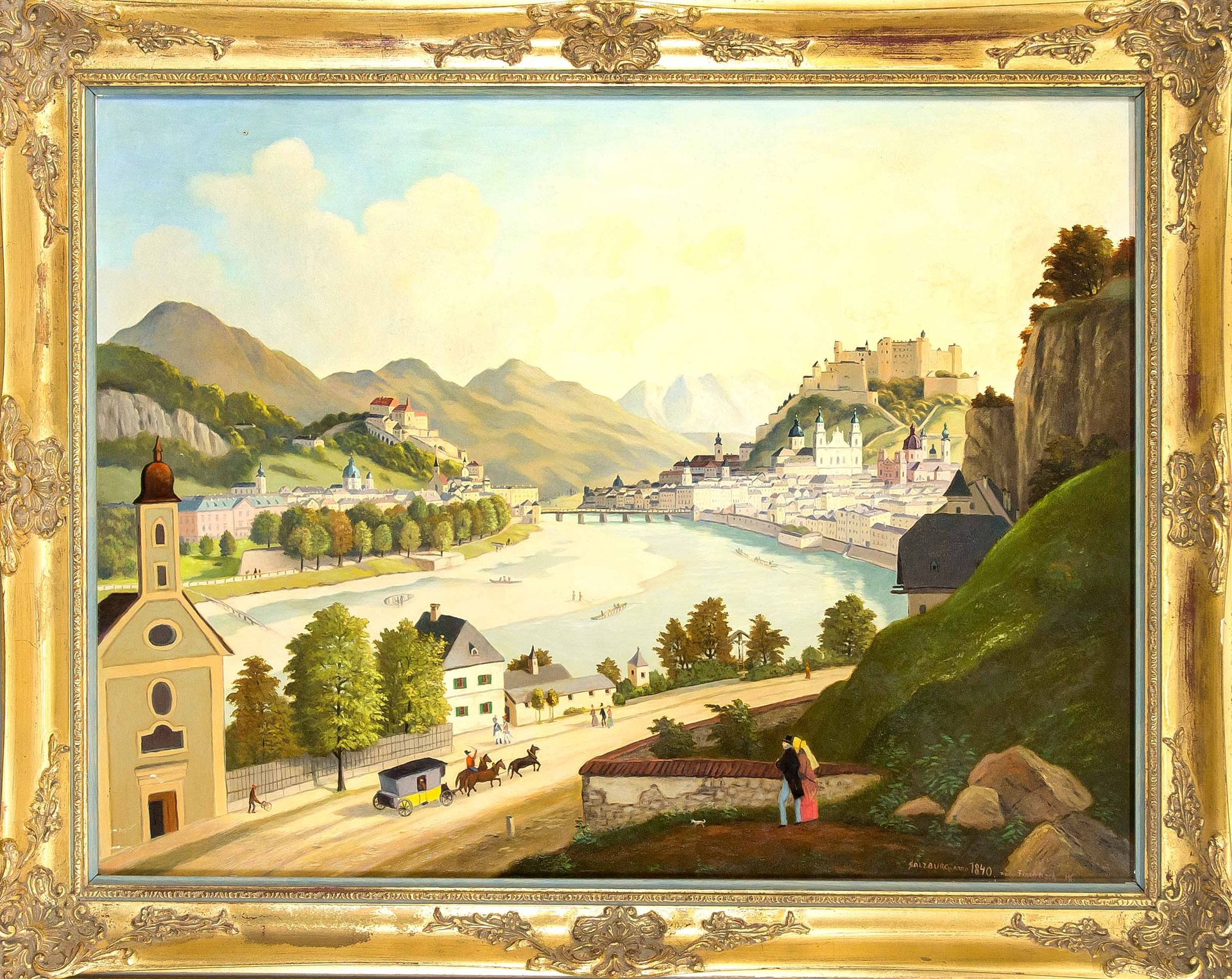 Null Paesaggista del XX secolo, veduta di Salisburgo del 1840, olio/cartone, isc&hellip;