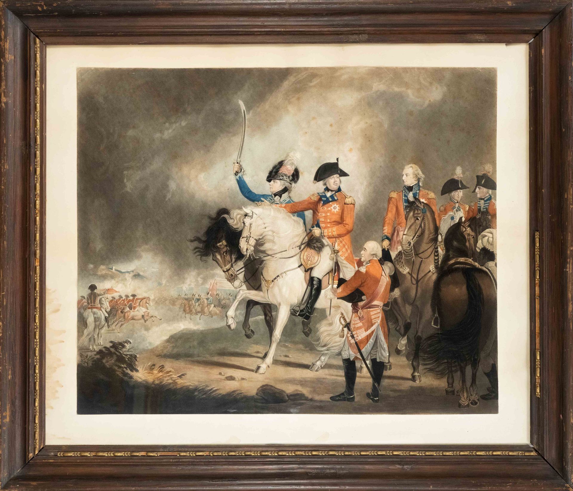 Null 詹姆斯-沃德在威廉-比奇之后创作的《乔治三世和威尔士亲王访问他们的部队》，彩色夹缬版画，约1800年，圆周修剪至画面边缘，裱在纸上，没有书写边框，有些&hellip;