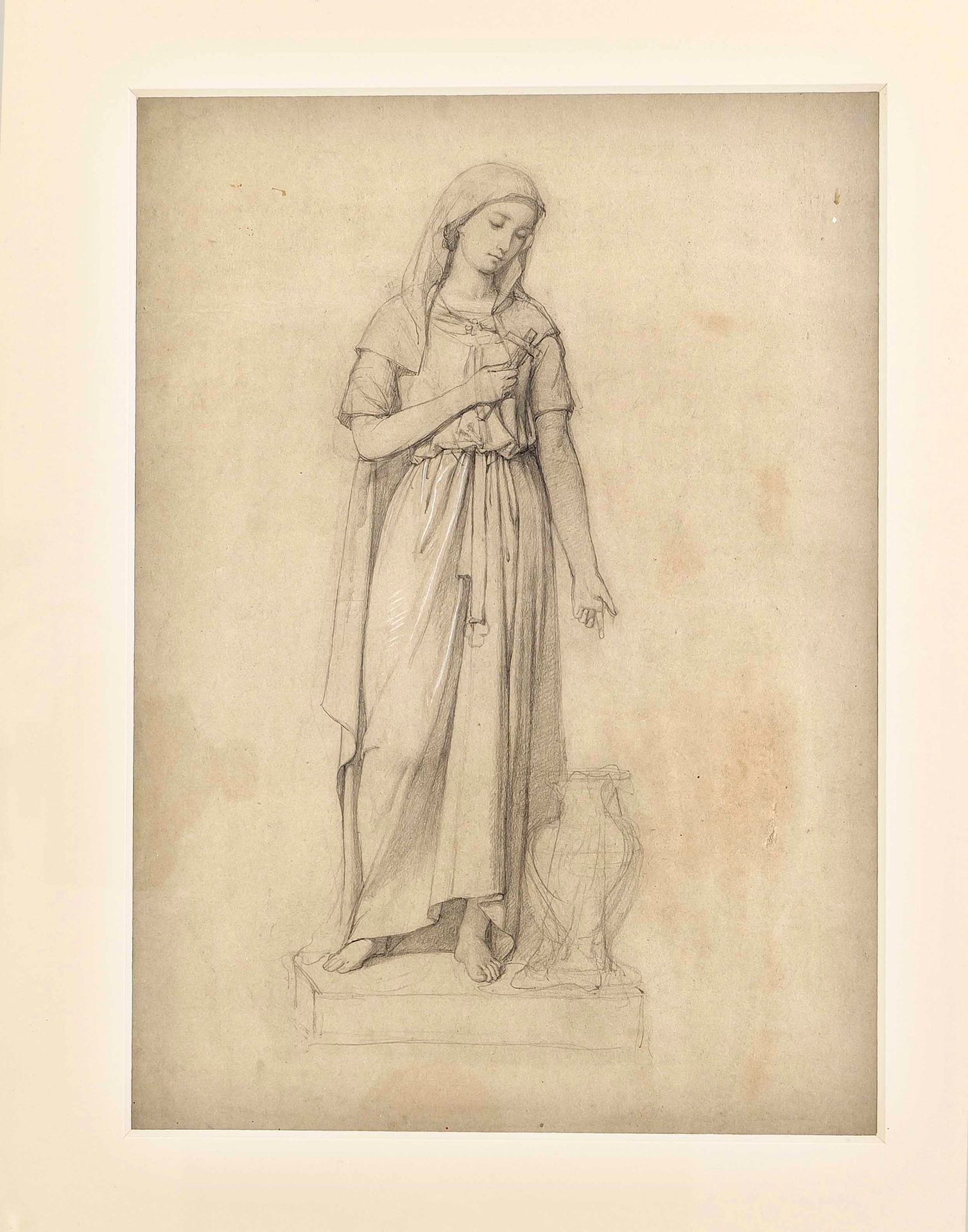 Null Nazarener, 19. Jh. Figurenstudie (Heilige), Bleistift-Zeichnung, minim. Wei&hellip;