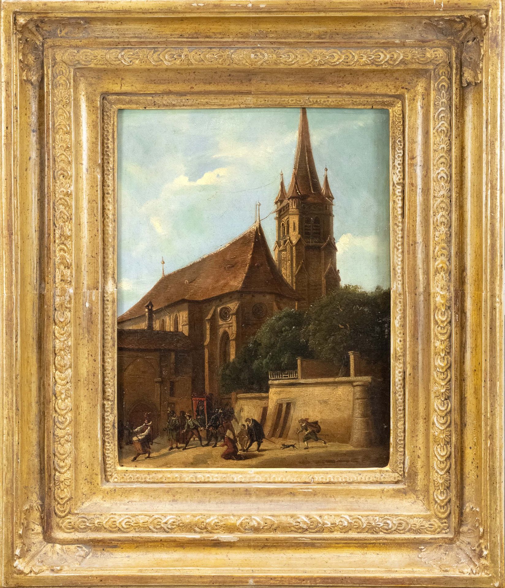 Null François-Marius Granet (1775-1849) (attrib.), 教堂景观，前景是一个宫廷队伍，由一个鼓手带领着一个人坐在轿&hellip;