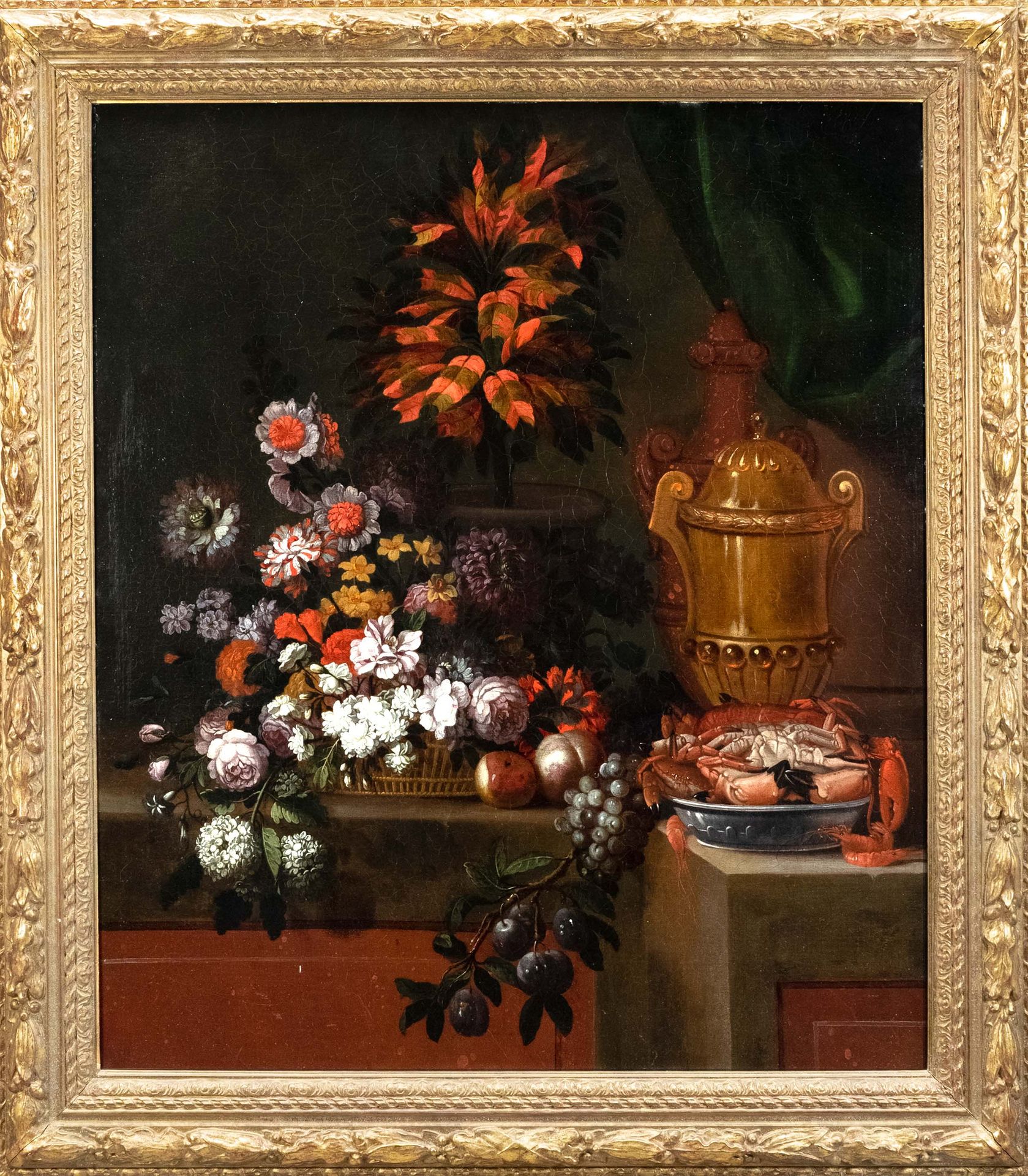 Null Pierre Nicolas Huilliot (1674-1751)（署名），大型静物画，龙虾，斑岩花瓶和曲折檐上的茂盛花束，布面油画，无签名，经过&hellip;