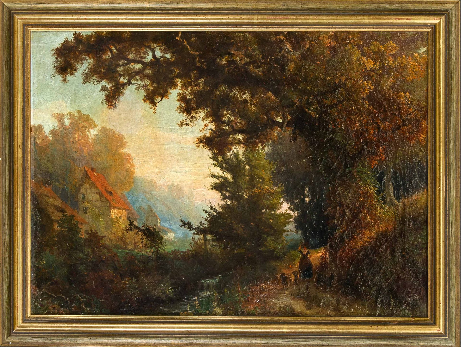Null G.Herting，19世纪风景画家，森林风景与工作人员的身影和村庄的景色，布面油画，右下角有签名，经过修复和修饰，有补丁，有裂纹，45 x 62厘米&hellip;