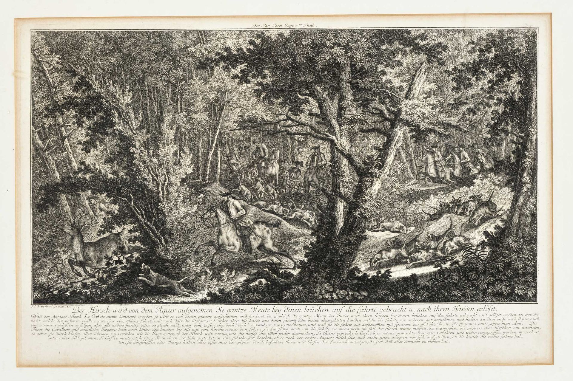 Null Johann Elias Ridinger (1698-1767), zwei Parforcejagden: ''Der Anjagts Hirsc&hellip;