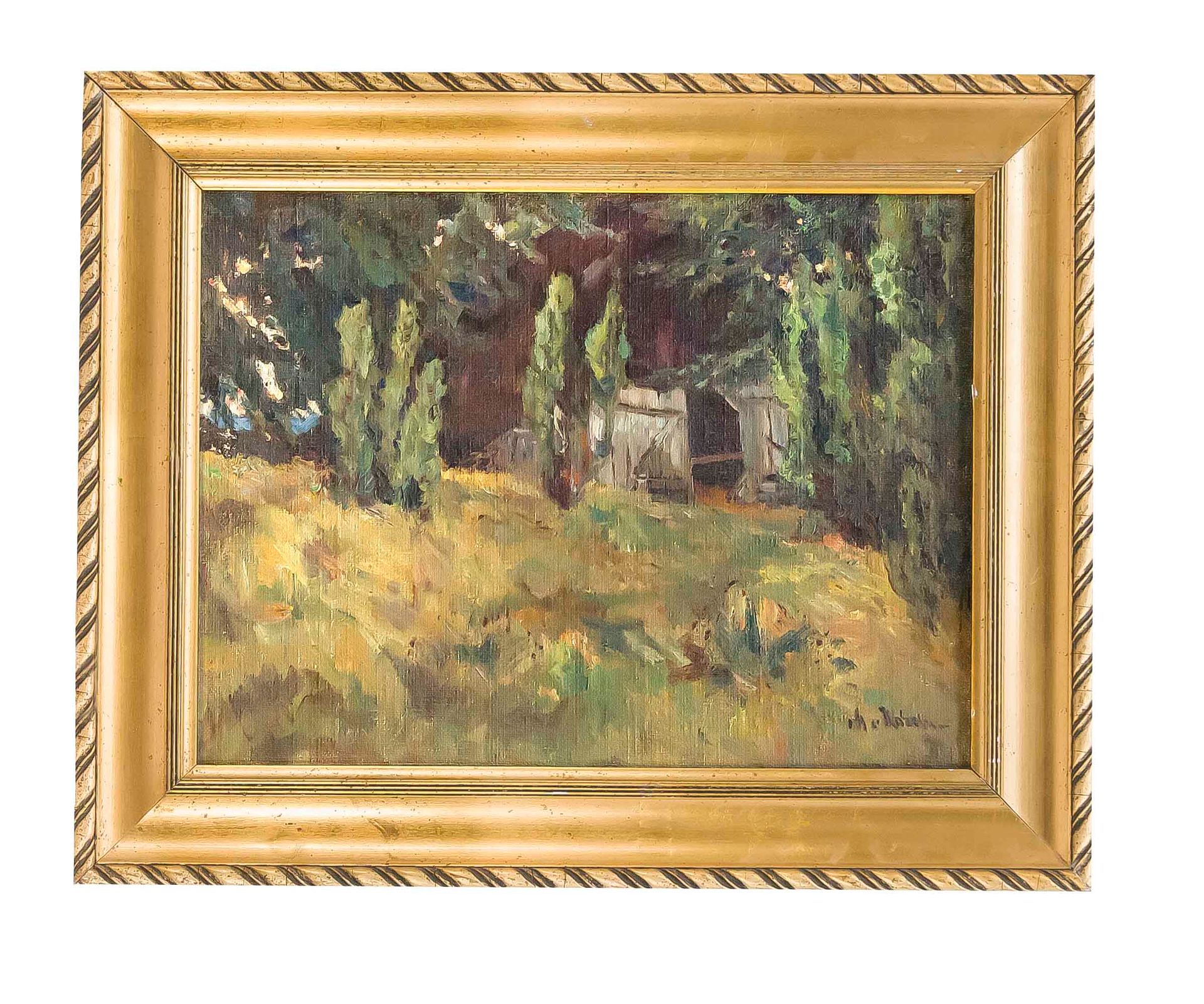 Null Landscape painter c. 1900, Old barn under trees, oil/canvas, mounted on car&hellip;