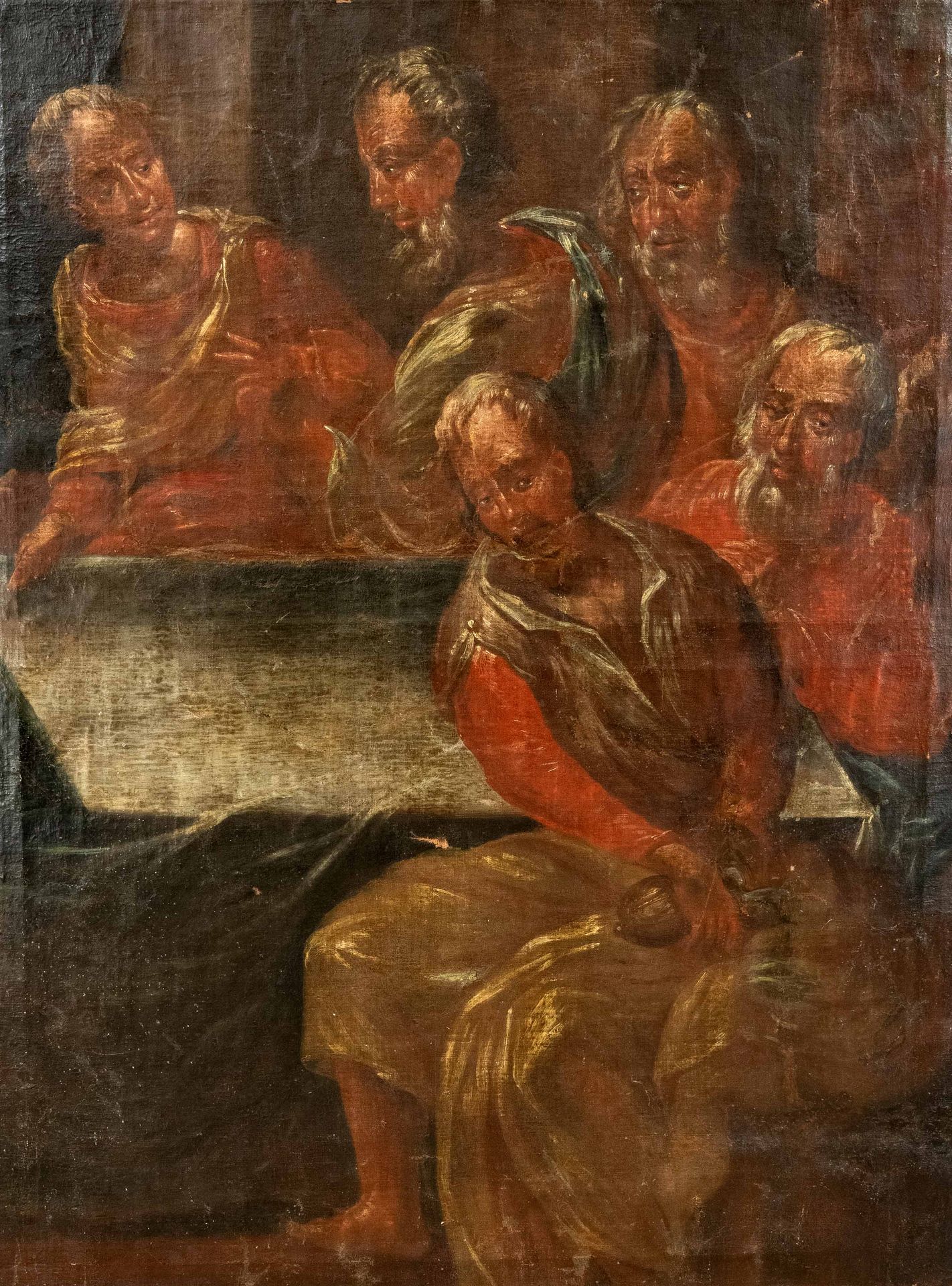 Null 意大利画家，约1700年，《最后的晚餐》，右手边的片段，有5个门徒，包括加略人犹大。布面油画，强烈的岁月痕迹和修饰，三条长长的闭合性裂缝，130 x &hellip;