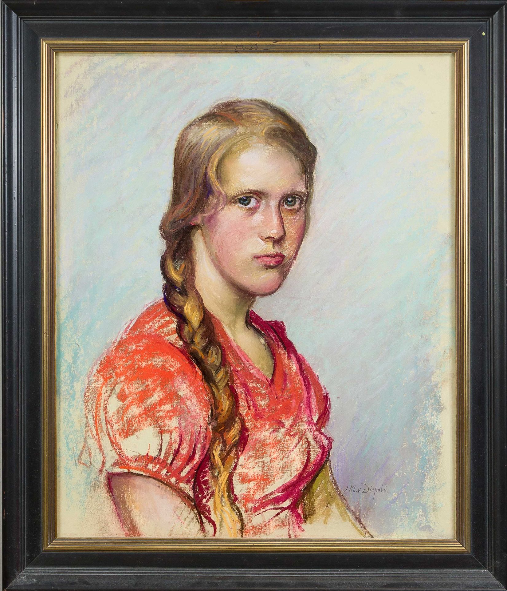 Null 朱利安-克莱因-冯-迪波尔德（1868-1947），东弗里斯兰画家，《一个德国女孩的肖像》，纸上粉笔画，右下角有签名，60 x 48厘米，玻璃后面有框&hellip;