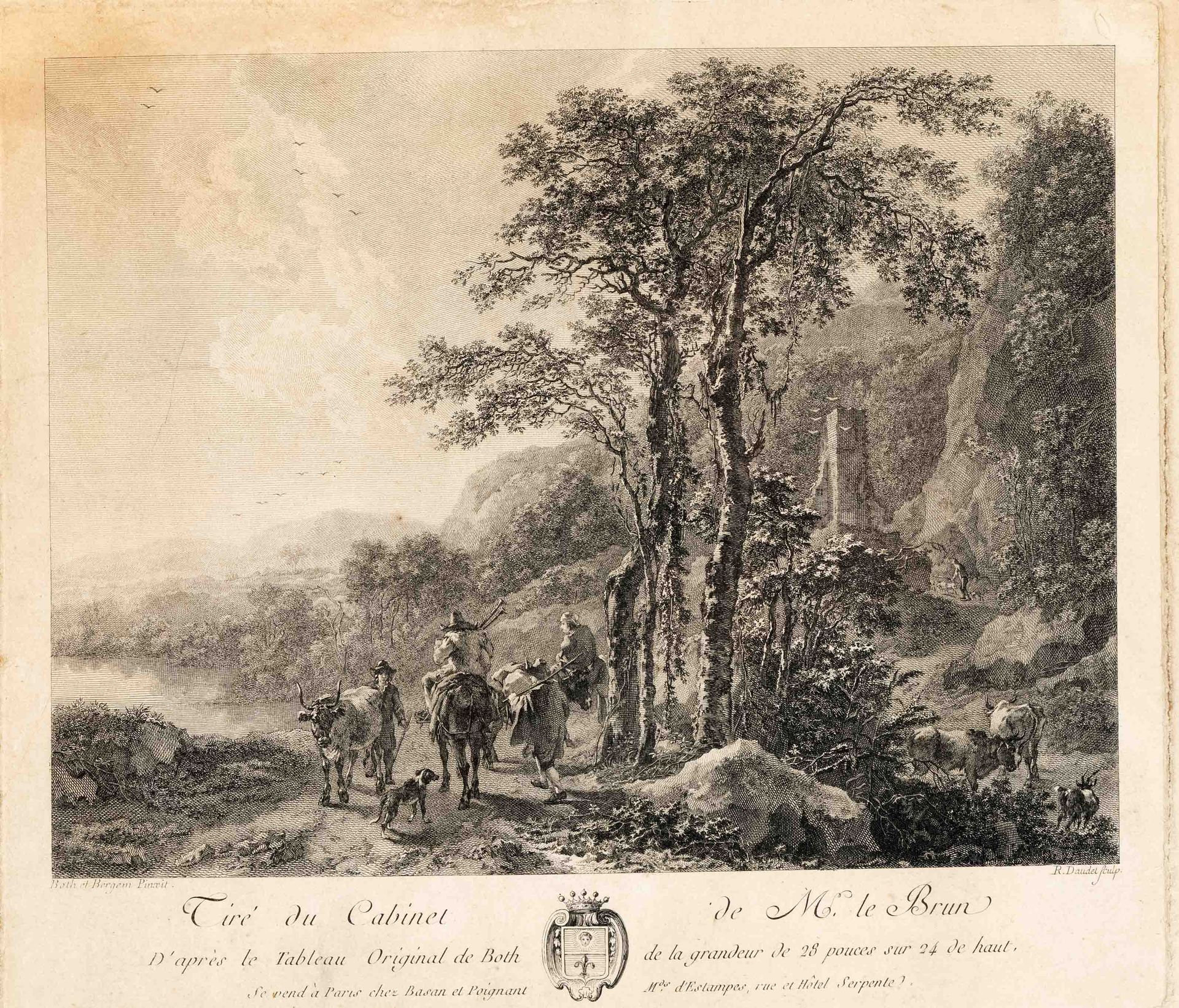 Null 罗伯特-多德（1737-1824），根据迪尔克-凡-贝尔根（1645-1690/1702）的画作复制的版画，乡村场景，铜版画，有文字边框，部分染色和变&hellip;