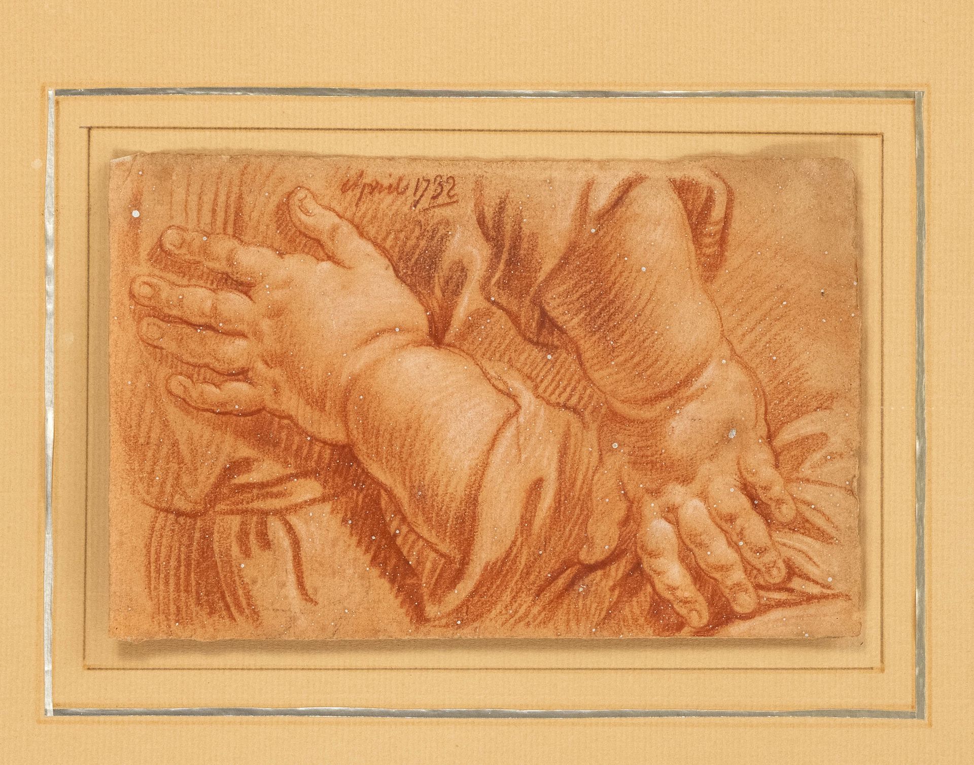 Null 18世纪的无名艺术家，两个孩子的手的研究，红色粉笔画，用白色增高，在棕色的纸上，左上方有 "1732年4月 "的日期，12.5 x 19.5厘米，安装&hellip;