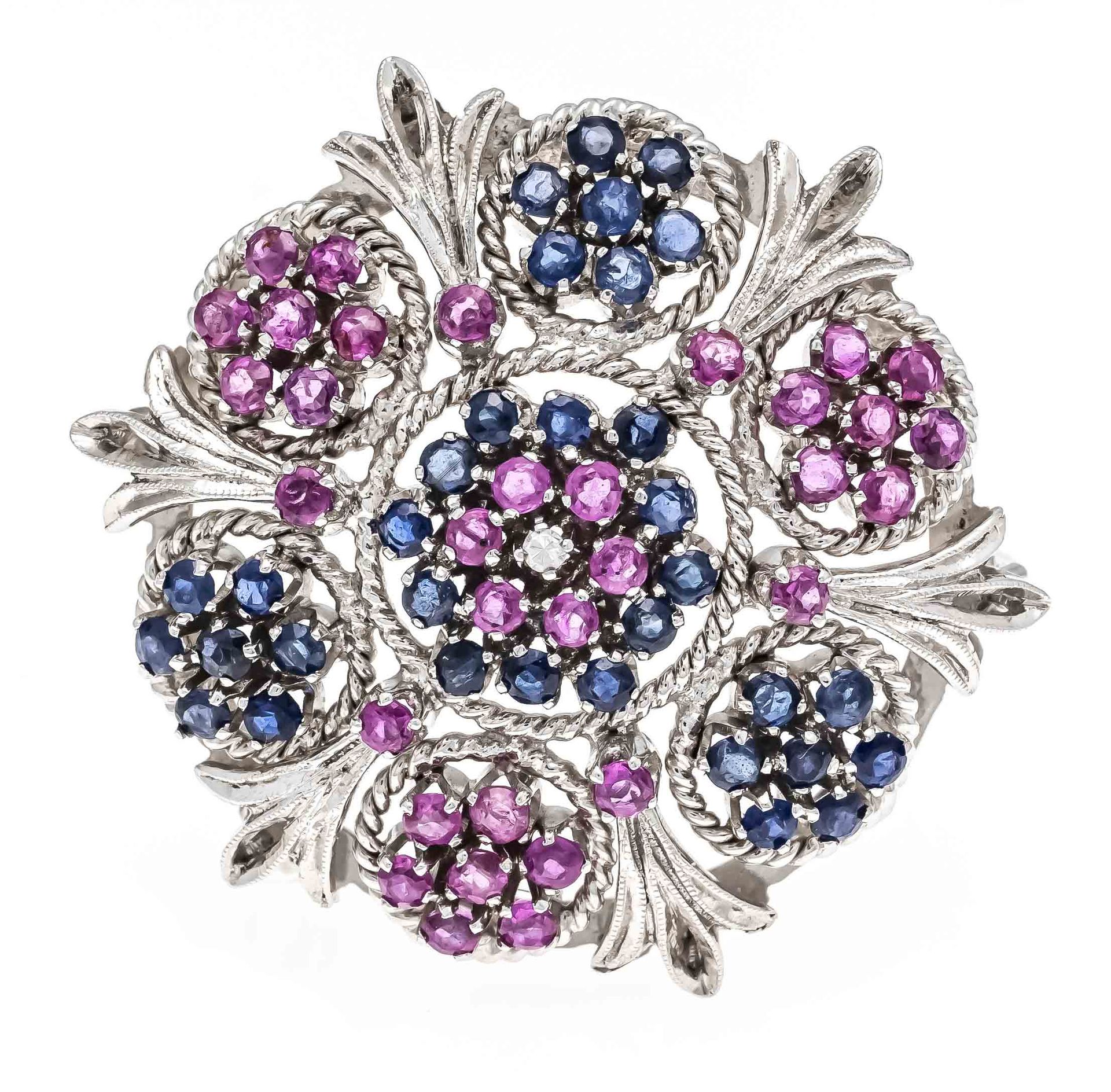 Null Sapphire ruby brooch WG 750/000 with round faceted sapphires and rubies 2 m&hellip;
