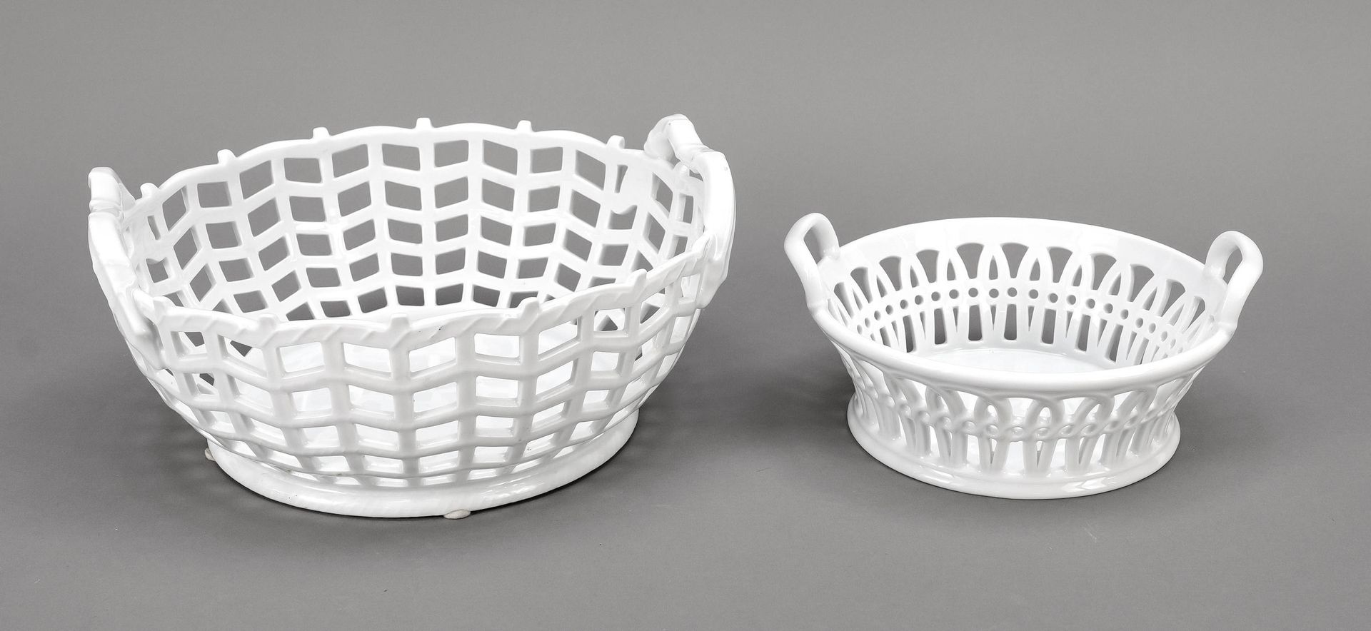 Null Two round basket bowls, Fürstenberg, 2nd h. 20th c., white, Ø to 22 cm