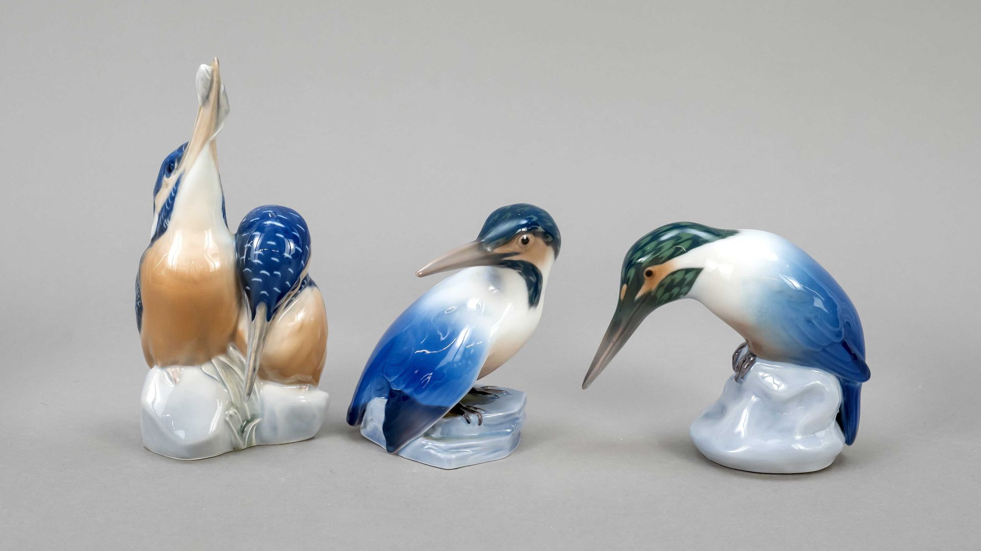 Null Drei Jugendstil-Tierfiguren mit 4 Eisvögel, 2 Eisvögel, Bing & Gröndahl, Ko&hellip;