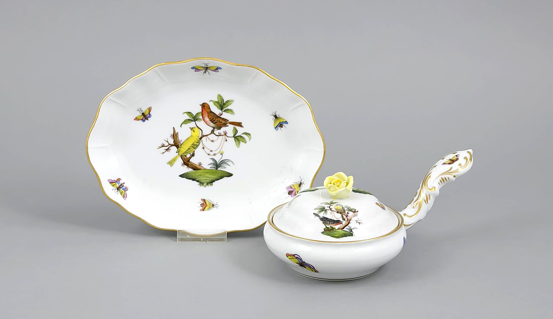 Two pieces Herend, Hungary, mark after 1967, polychrome painted with birds and b&hellip;
