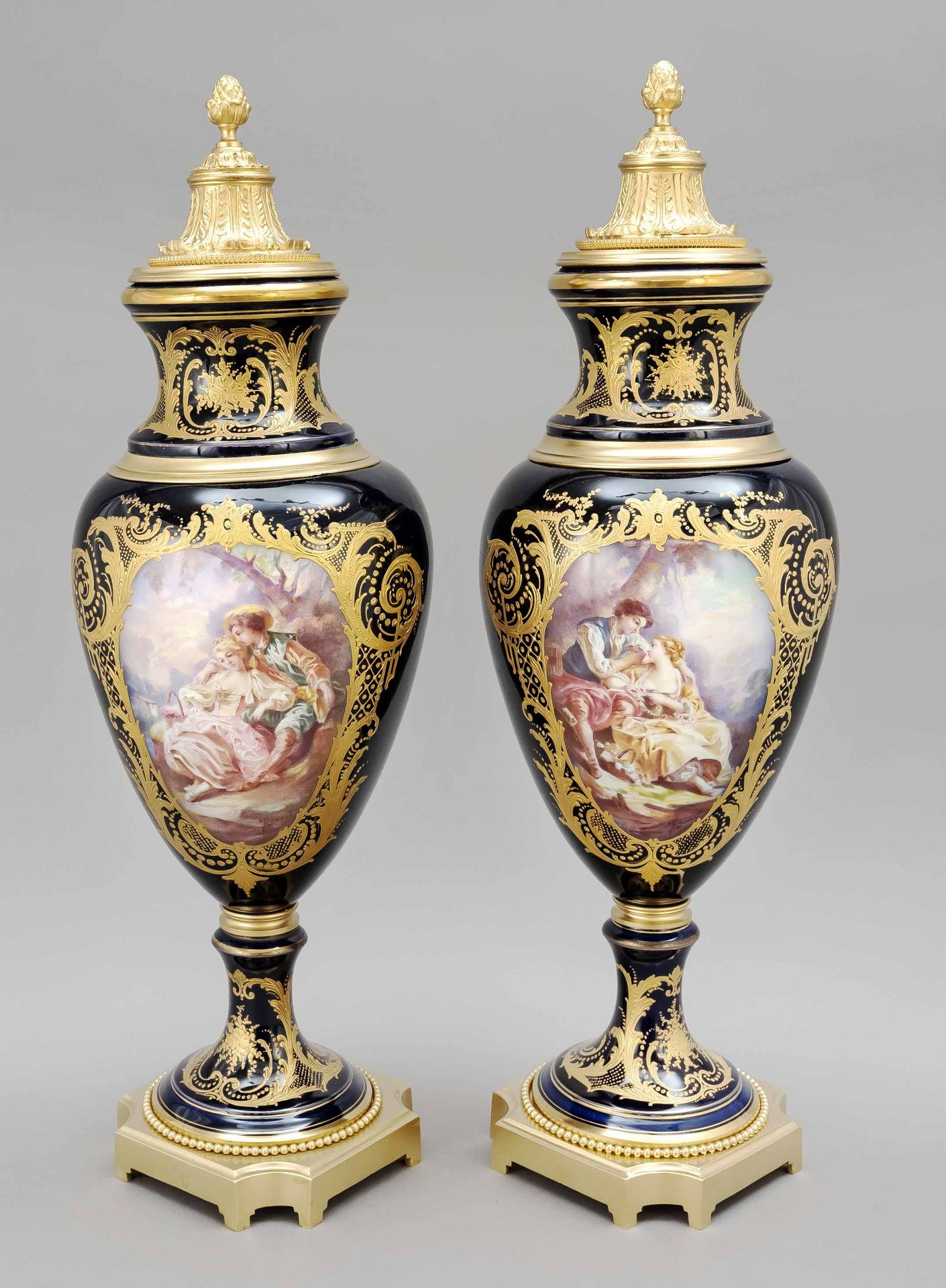 Null Pair of vases, France, w. Sevres, oval body on round stand, splendid brass &hellip;