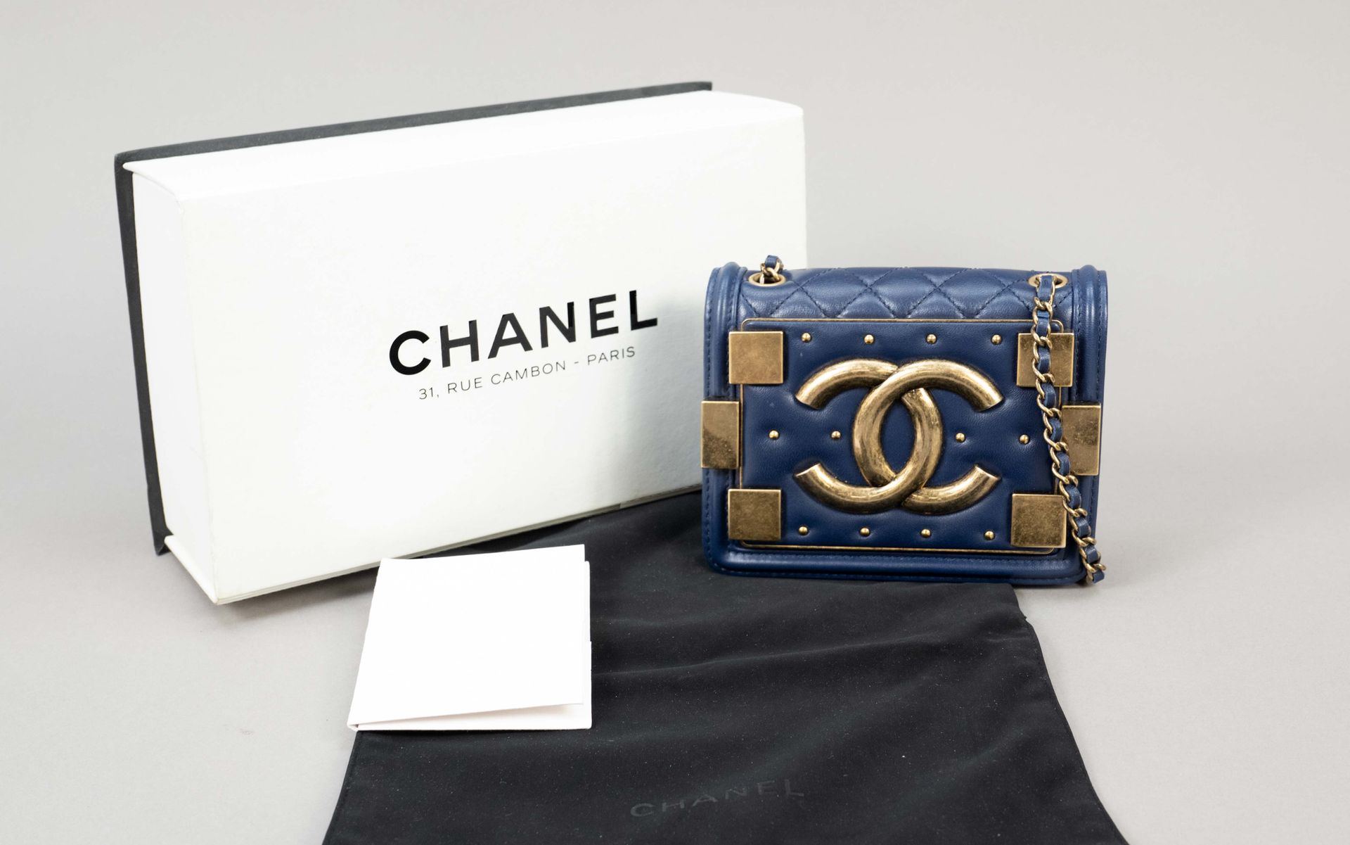 Chanel, Studded and Quilted Blue Lambskin Mini Boy Brick…
