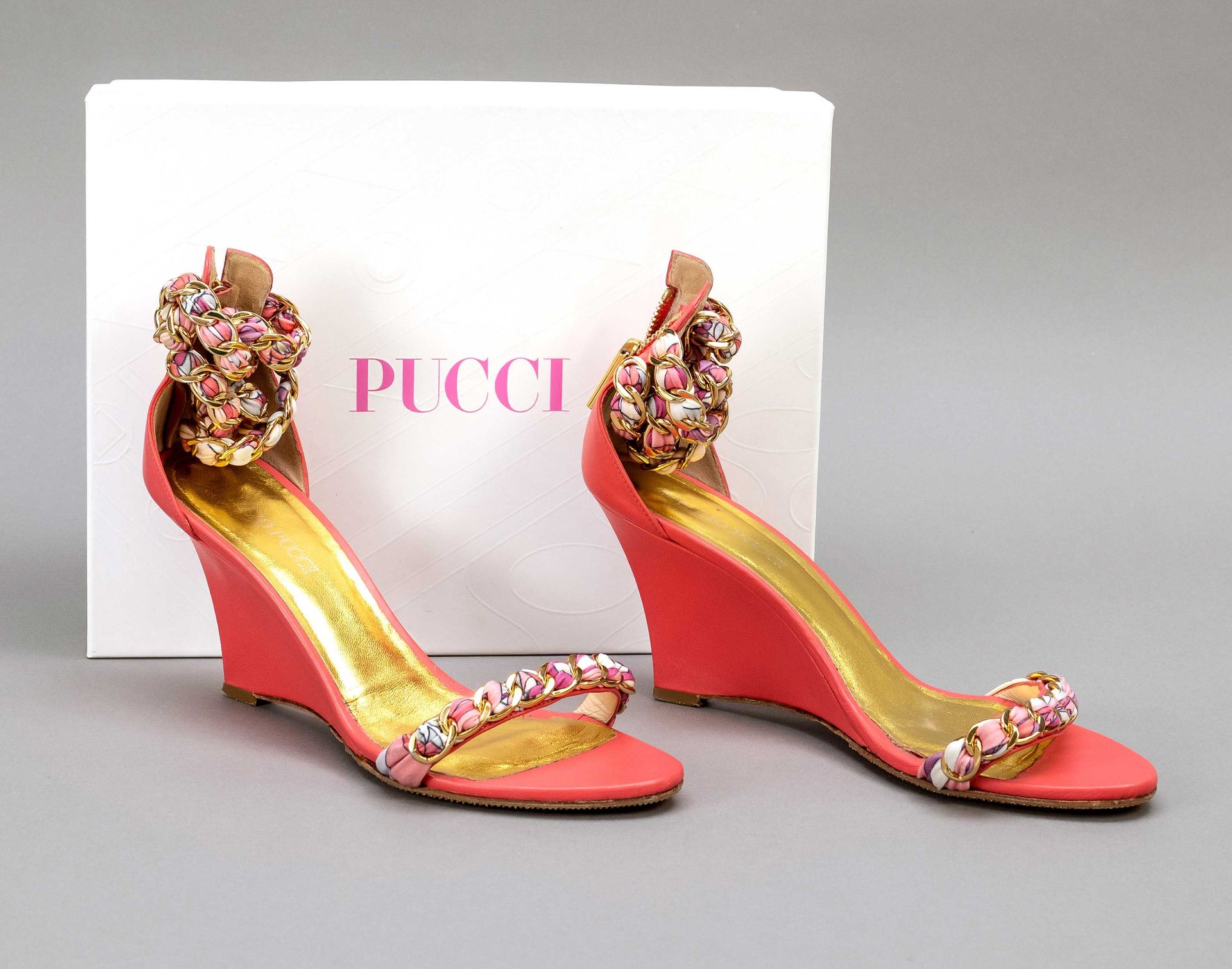 Null Pucci, ladies wedge heel sandals, coral coloured nappa leather with gold co&hellip;