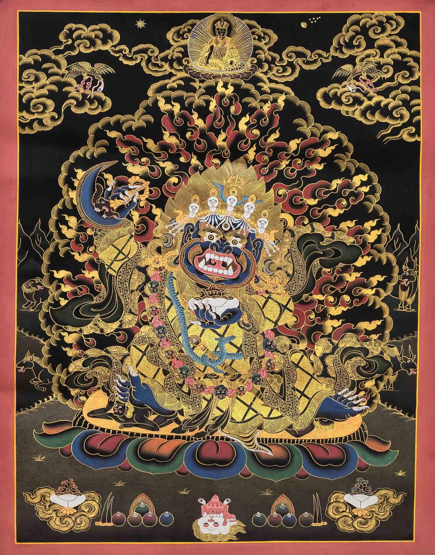 Null 西藏唐卡，20世纪，亚麻布上的多色颜料和黄金，中央描绘的是莲花宝座上的马哈卡拉，周围是火焰曼陀罗，边缘有轻微的裂纹，边框有些磨损，有污渍，55,5 x&hellip;