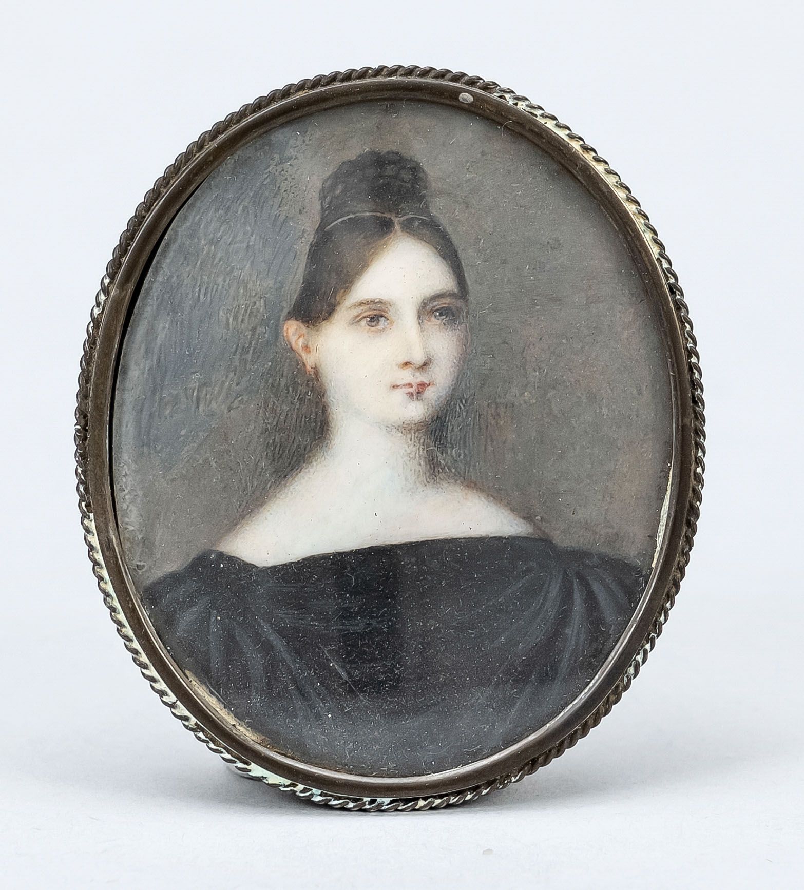 Null Miniatura, retrato de una dama con vestido negro victoriano, siglo XIX, acu&hellip;