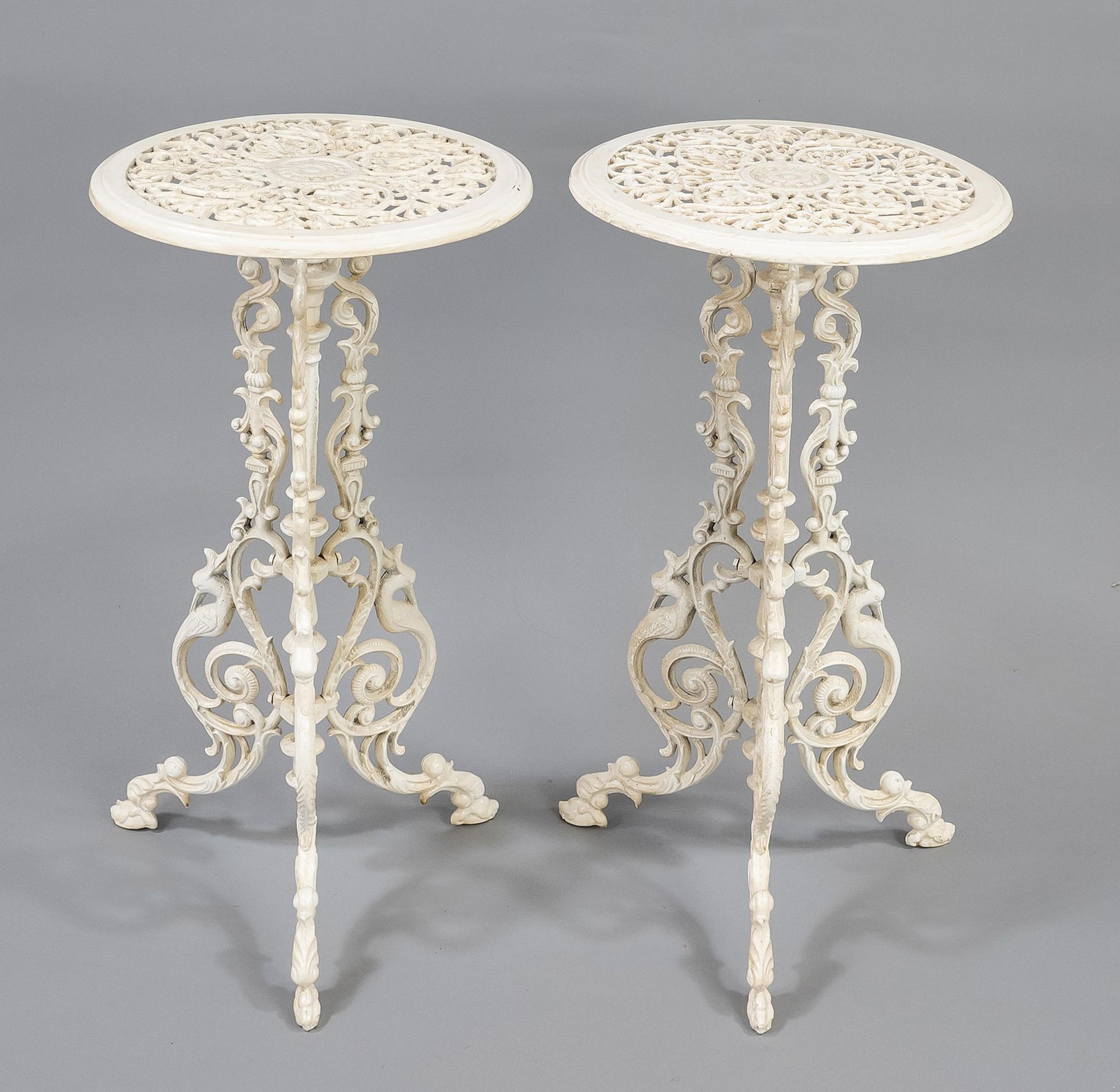 Null Pair of bistro/side tables, 20th century, cast iron, white lacquer. Round, &hellip;