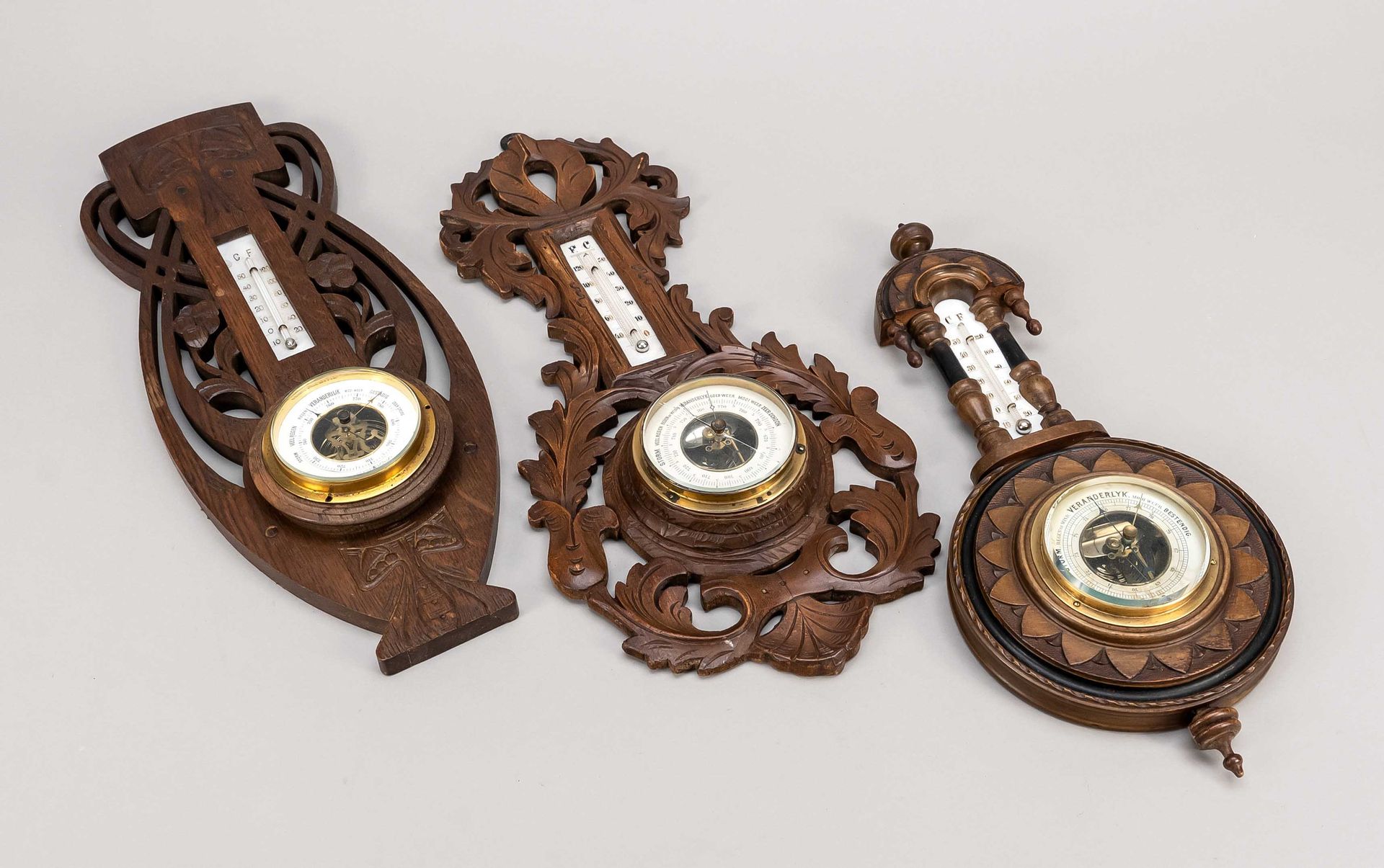 Null 3 wall-mounted barometers with thermometer, late 19th/early 20th century, a&hellip;