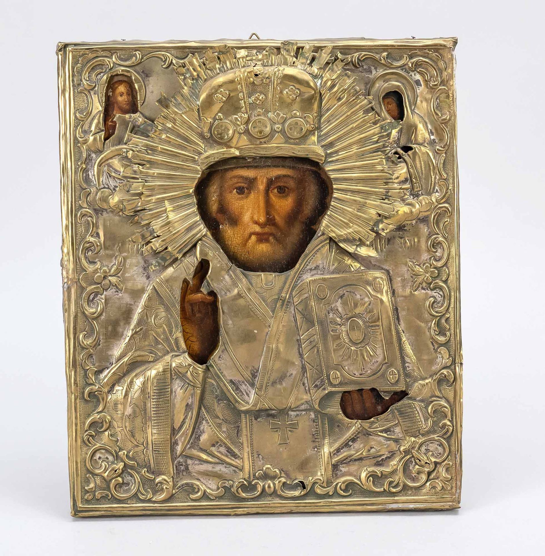 Null 米拉的圣尼古拉圣像，俄罗斯，19/20世纪，木头上的粉笔画，铜质圣像，27 x 22.5厘米。