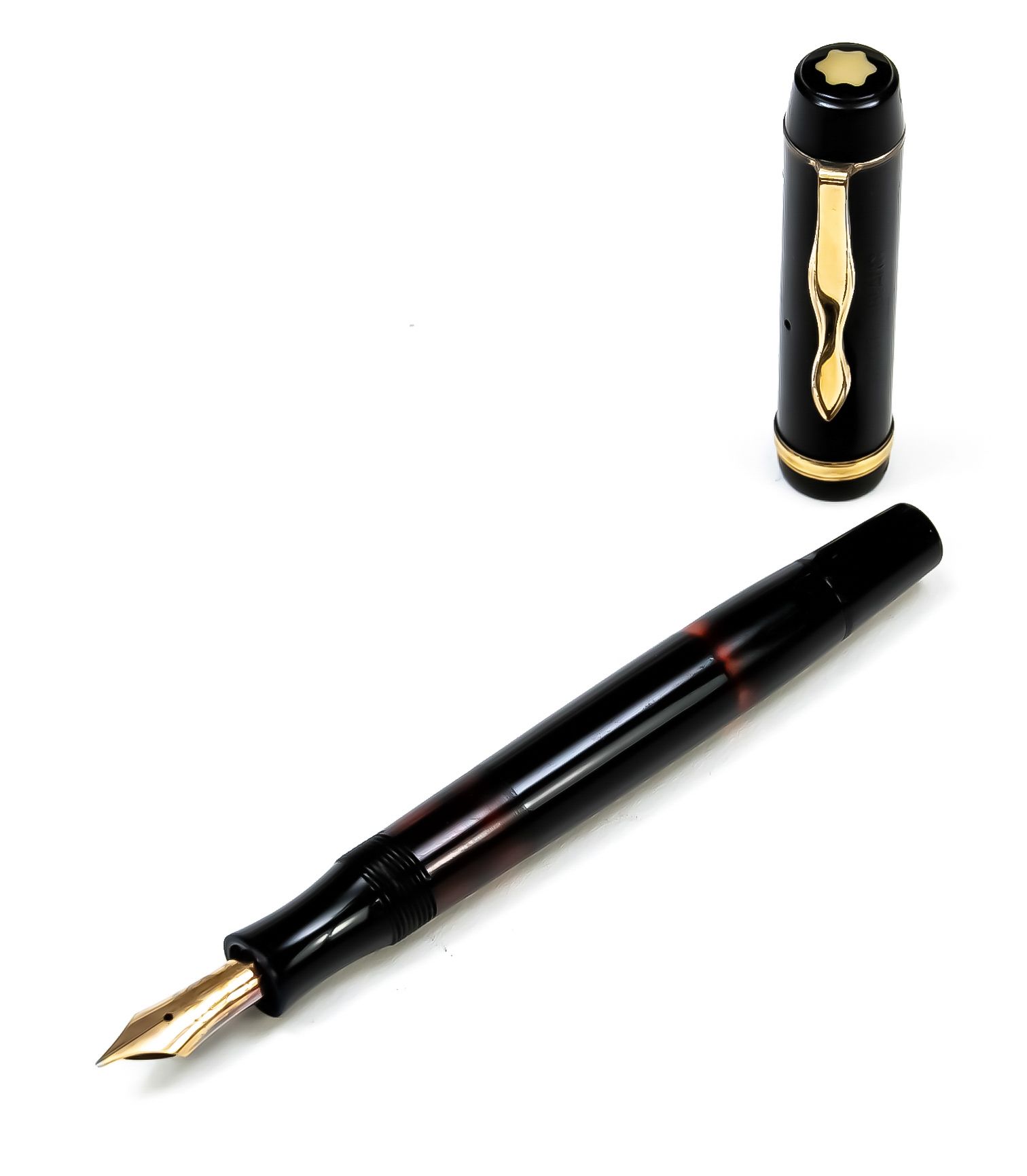 Null 万宝龙活塞钢笔，20世纪中期，14C（585）黄金笔尖，黑色外壳，镀金应用，笔帽上有Glasurit和孔的铭文，长12厘米。