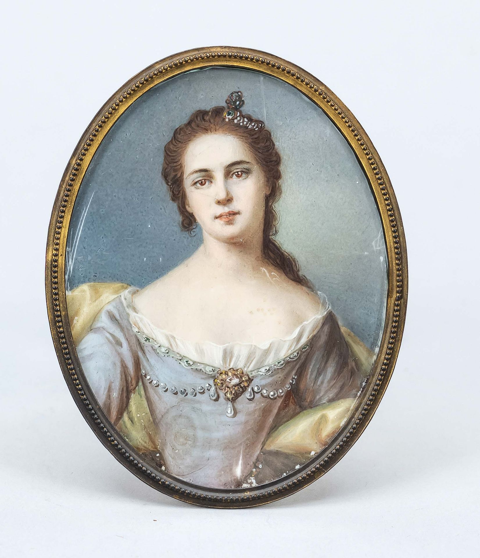 Null 微型画，美女肖像，18世纪，骨质水彩画，椭圆形：9 x 7厘米，装在普通的金属框架内，肖像伯。