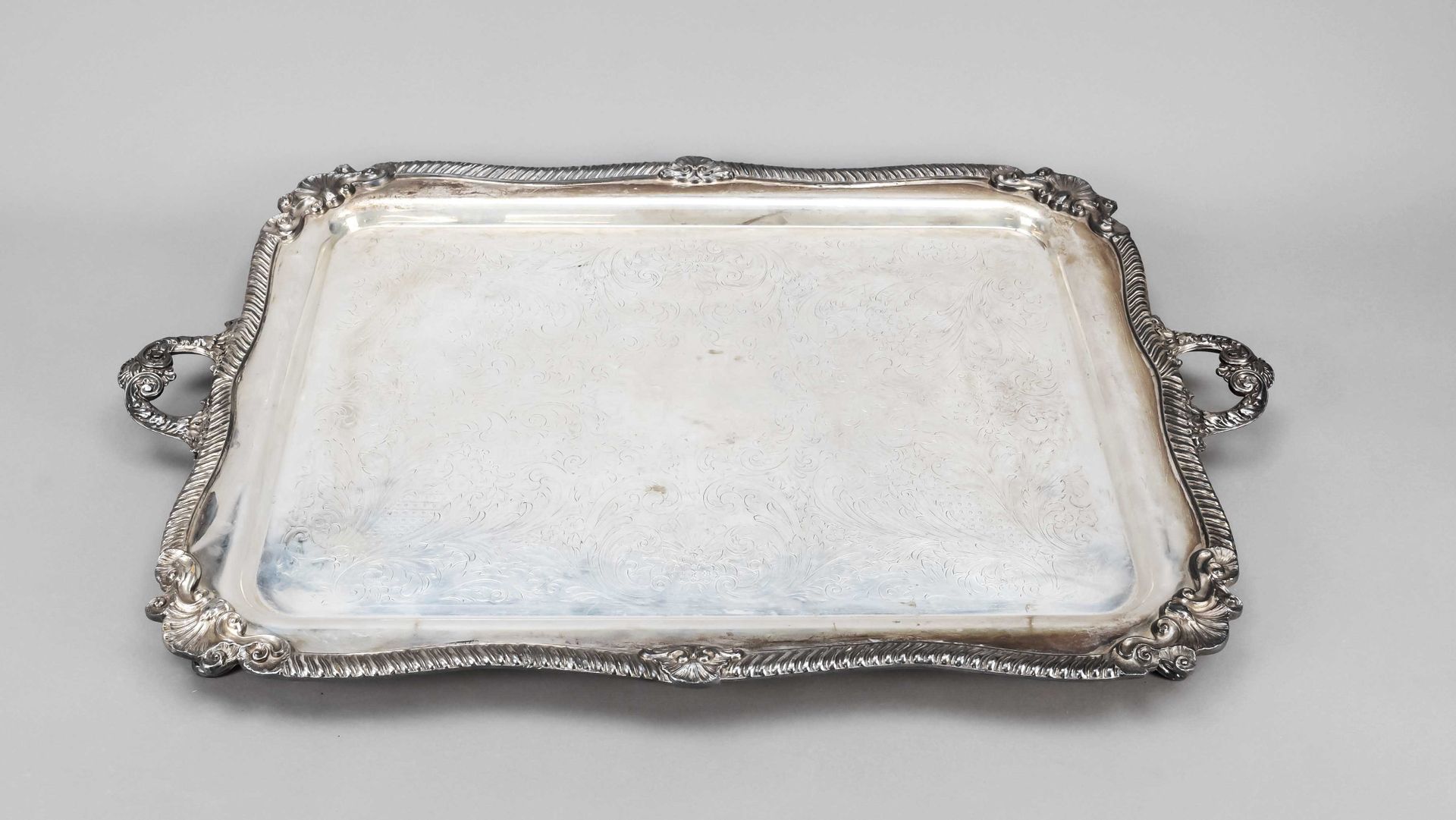 Null Large rectangular tray, probably England, c. 1900, plated, on 4 decorated f&hellip;