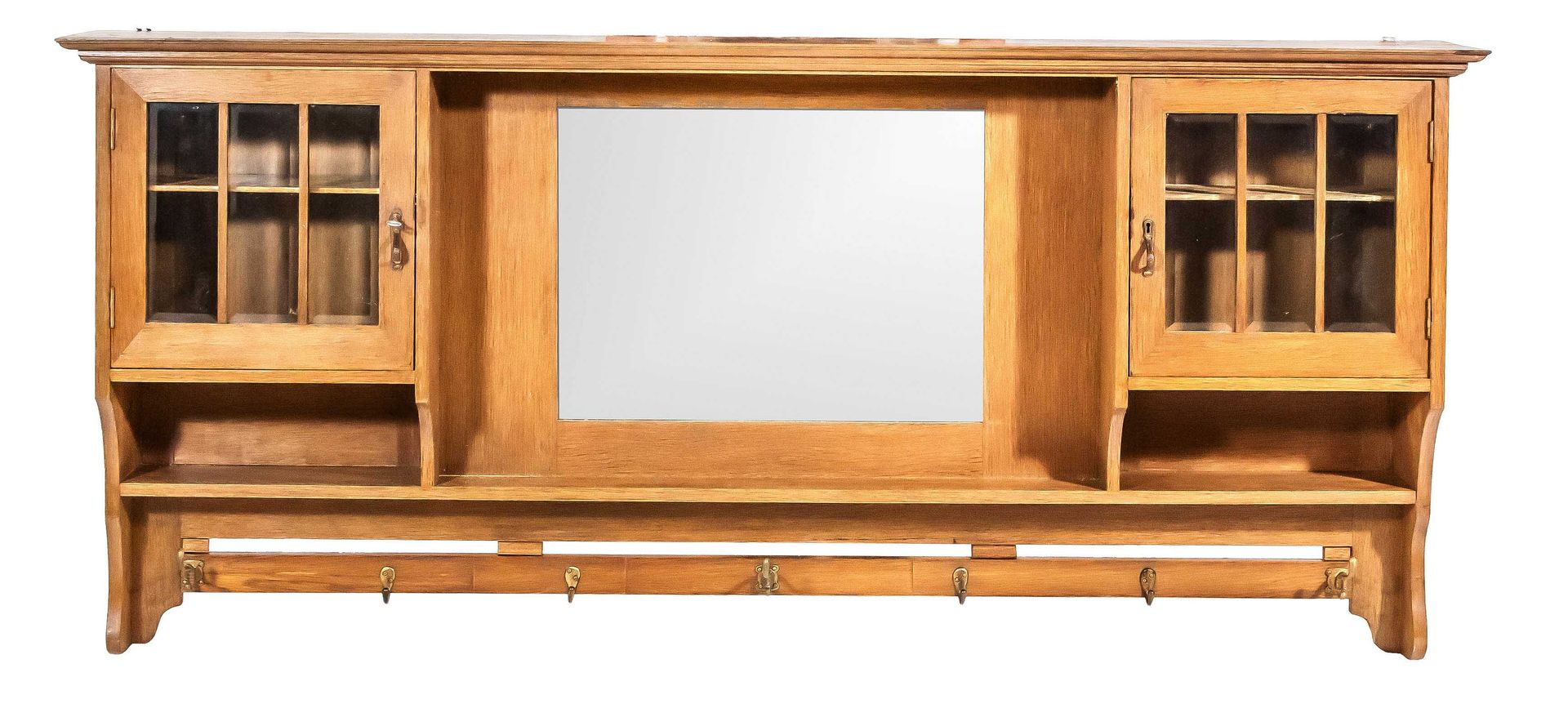 Null 带衣架和镜子的悬挂式陈列柜，1910年左右，实心橡木，90 x 195 x 26厘米。