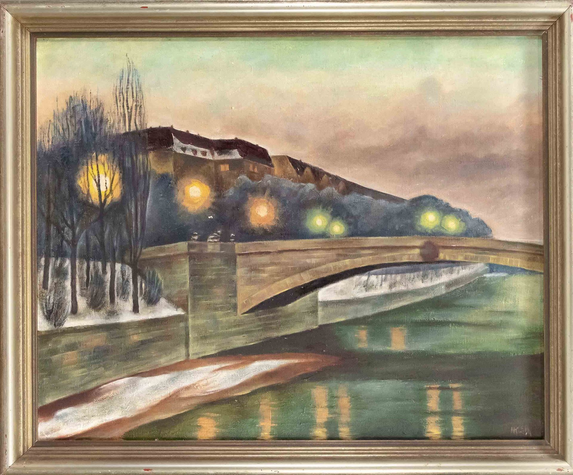 Null H.Kürth，20世纪上半叶，在五彩缤纷的街灯照耀下，慕尼黑的景色与伊萨尔河上的桥梁，布面油画，右下方有签名，60 x 73厘米，长77 x 90厘&hellip;