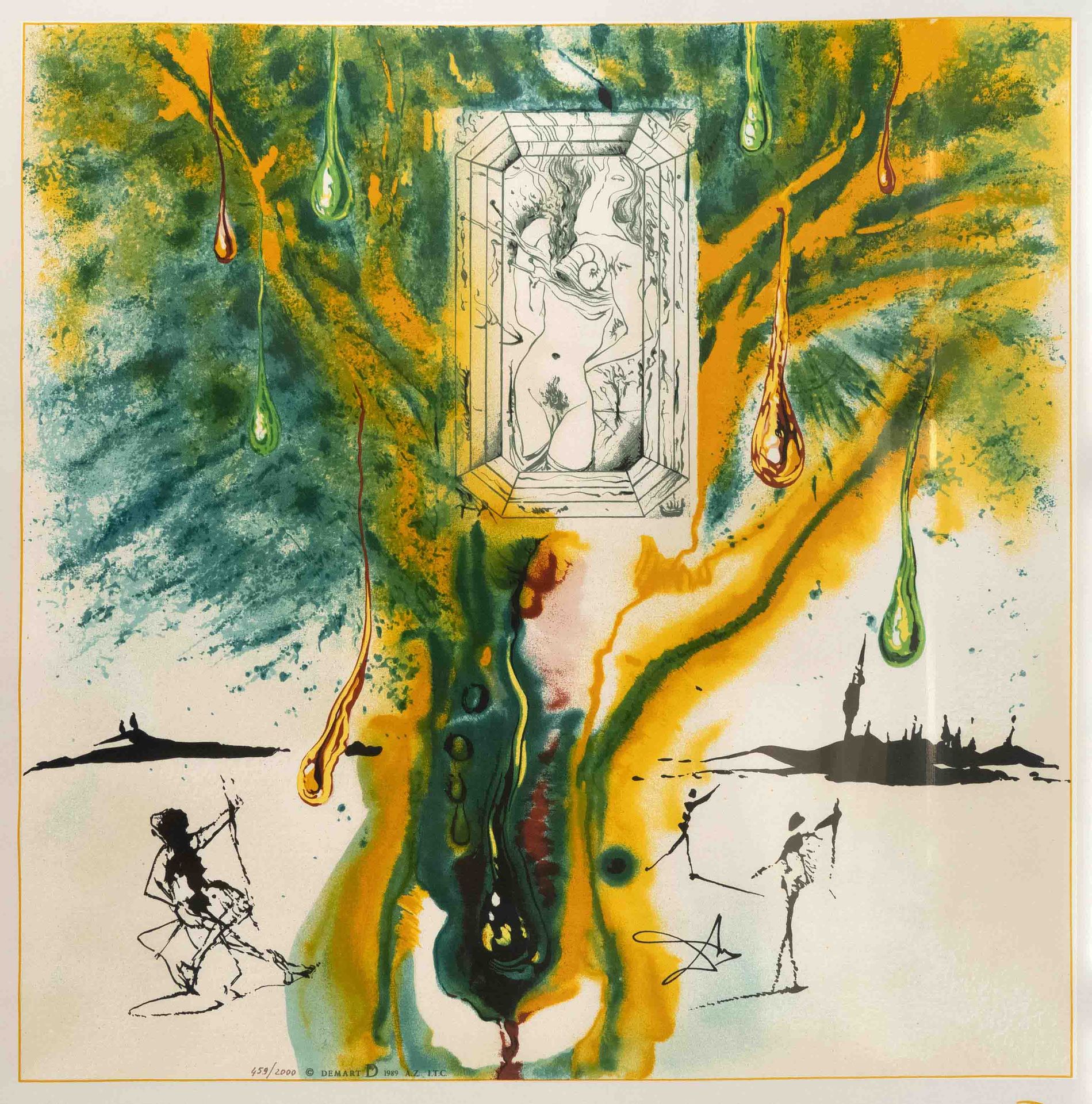 Null 萨尔瓦多-达利(1904-1989)，根据达利的画作制作的大型彩色织物印刷品，印刷品上有签名，左下方有 "Demart pro Arte 1989 "&hellip;