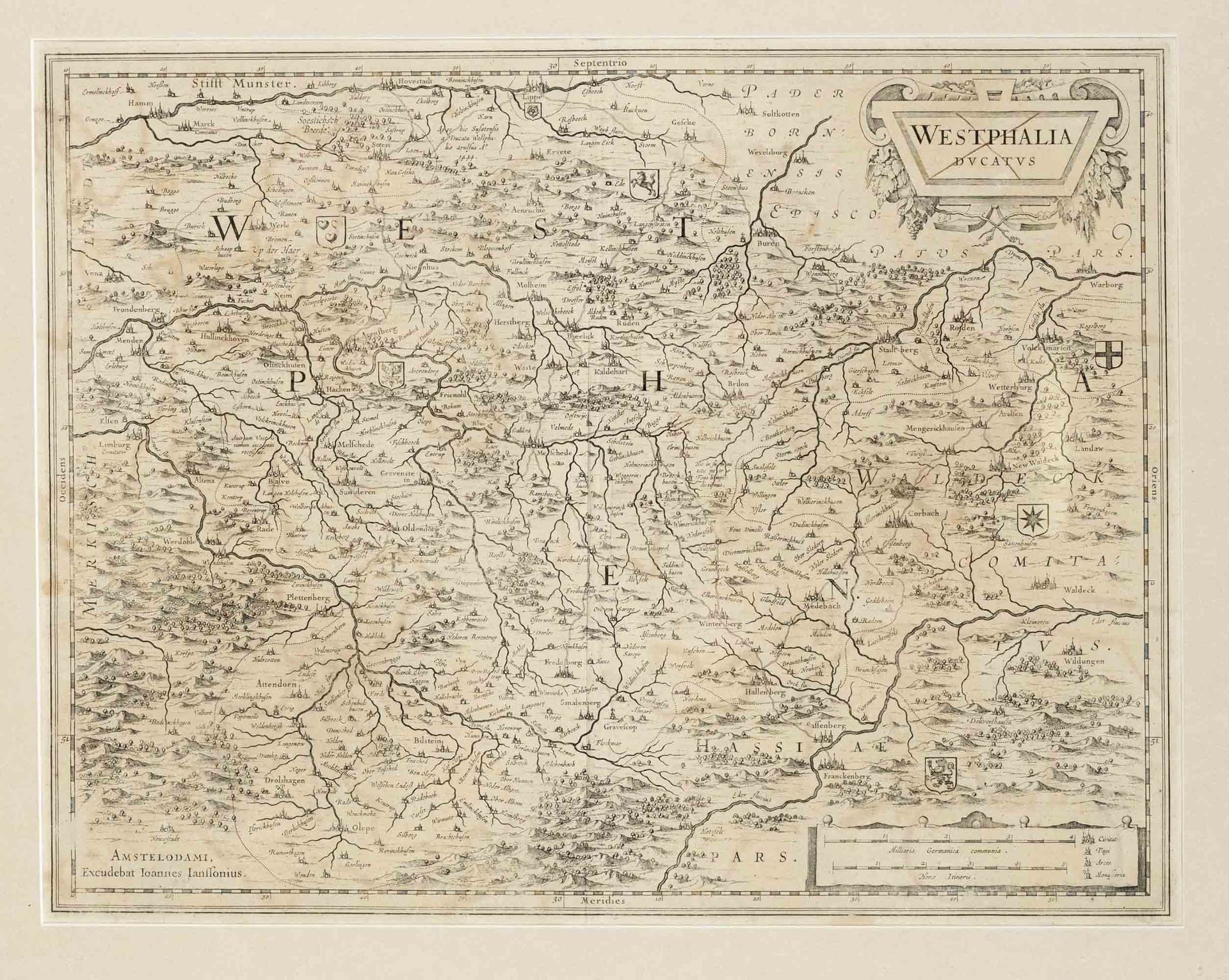Null 威斯特伐利亚历史地图，''威斯特伐利亚公国''，历史上威斯特伐利亚公国的铜质雕刻地图，中心为梅舍德，由Janssonius在阿姆斯特丹根据Blaeu绘&hellip;